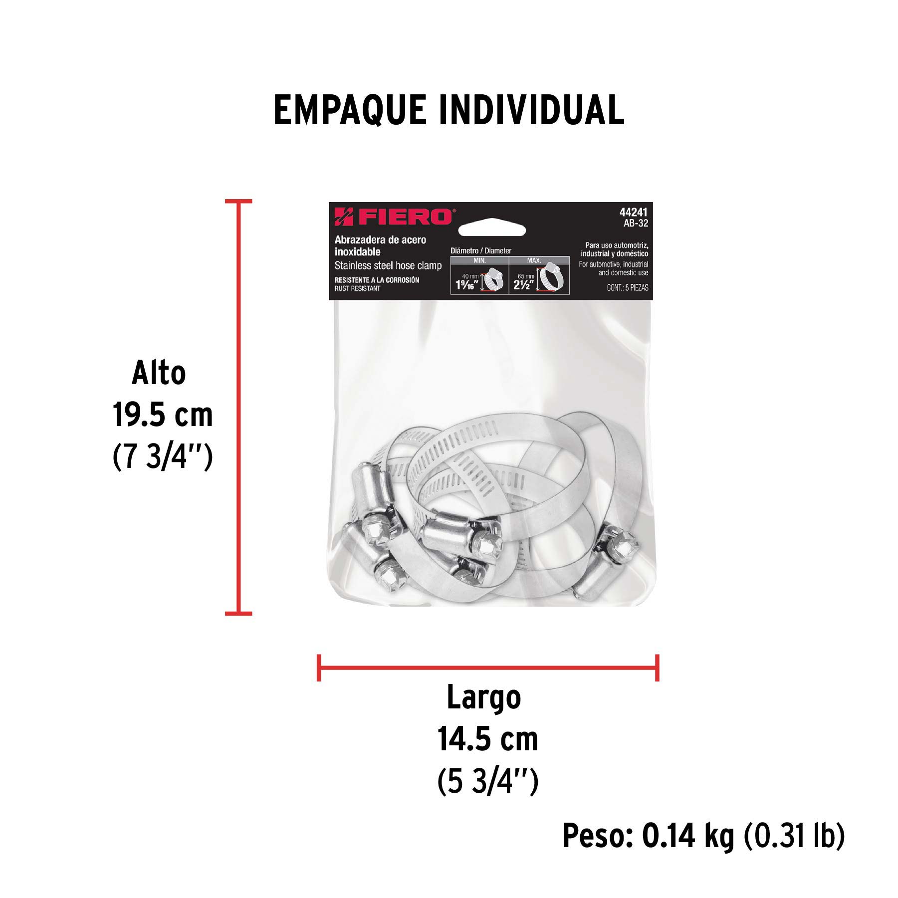Bolsa con 5 abrazaderas sin fin #32, 1-9/16 - 2-1/2", FIERO - Empaque