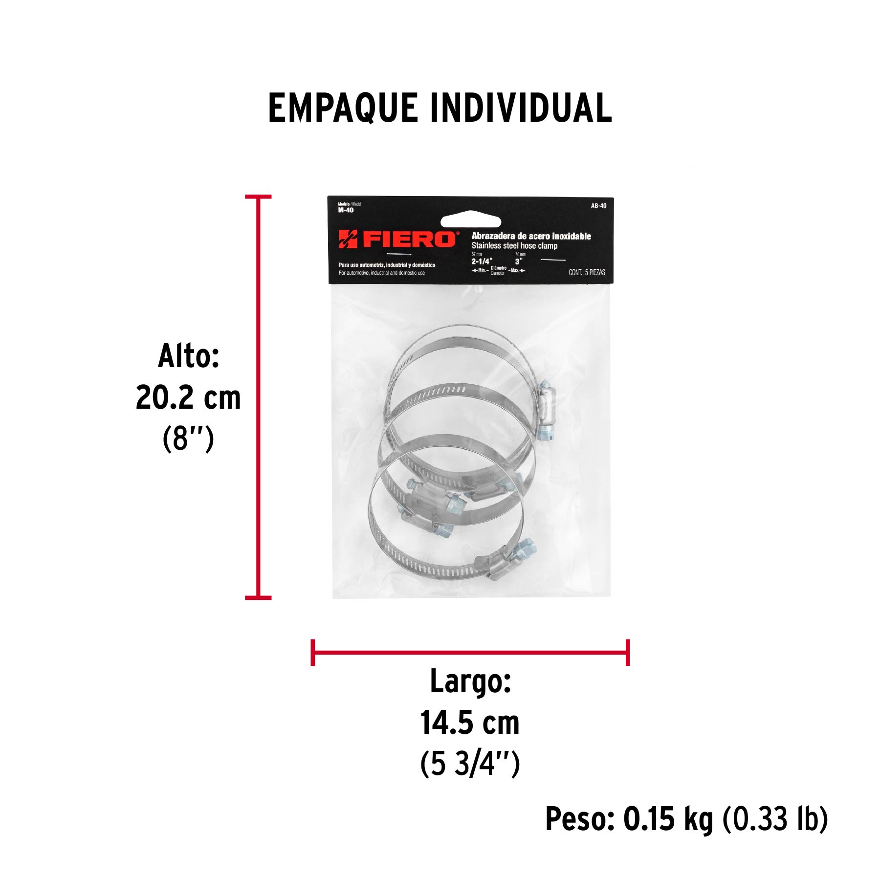 Bolsa con 5 abrazaderas sin fin #40, 2-1/4 - 3", FIERO - Empaque