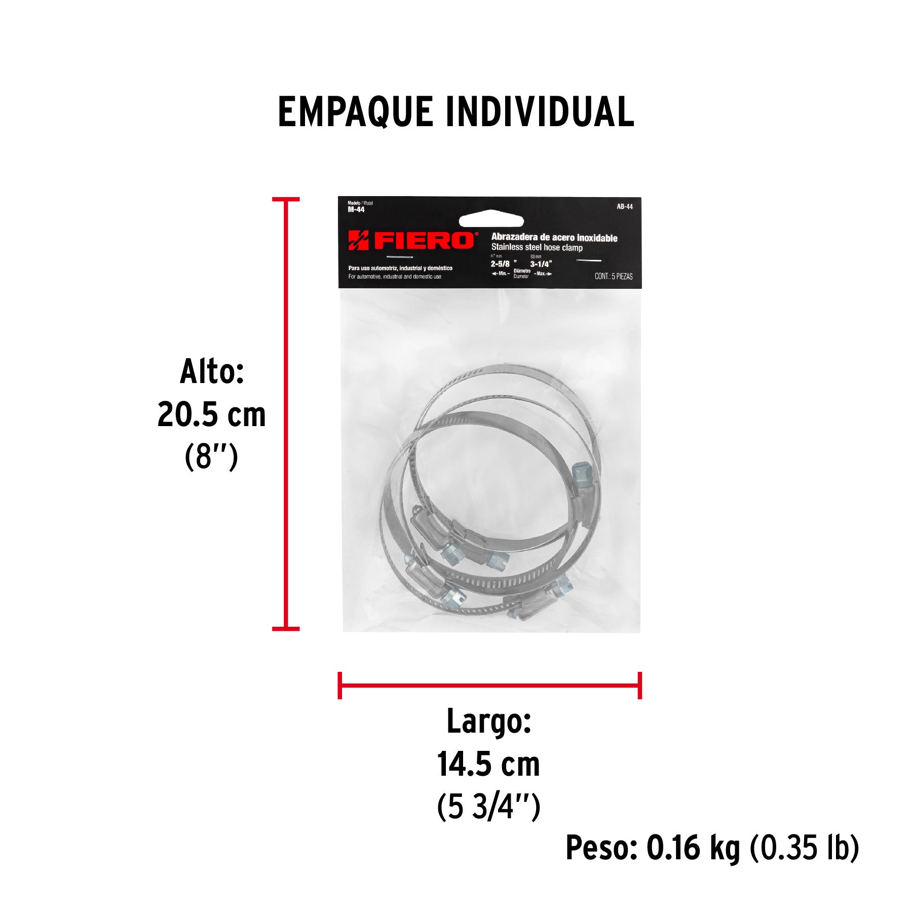Bolsa con 5 abrazaderas sin fin #44, 2-5/8 - 3-1/4", FIERO - Empaque