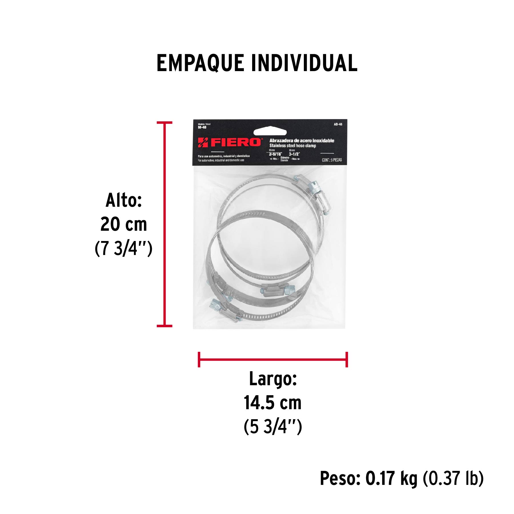 Bolsa con 5 abrazaderas sin fin #48, 2-9/16 - 3-1/2", FIERO - Empaque