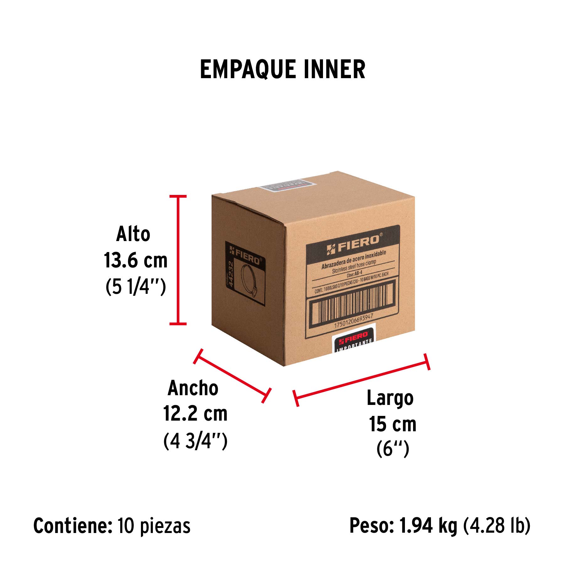 Bolsa con 10 abrazaderas sin fin # 4, 3/8 - 5/8", FIERO - Empaque