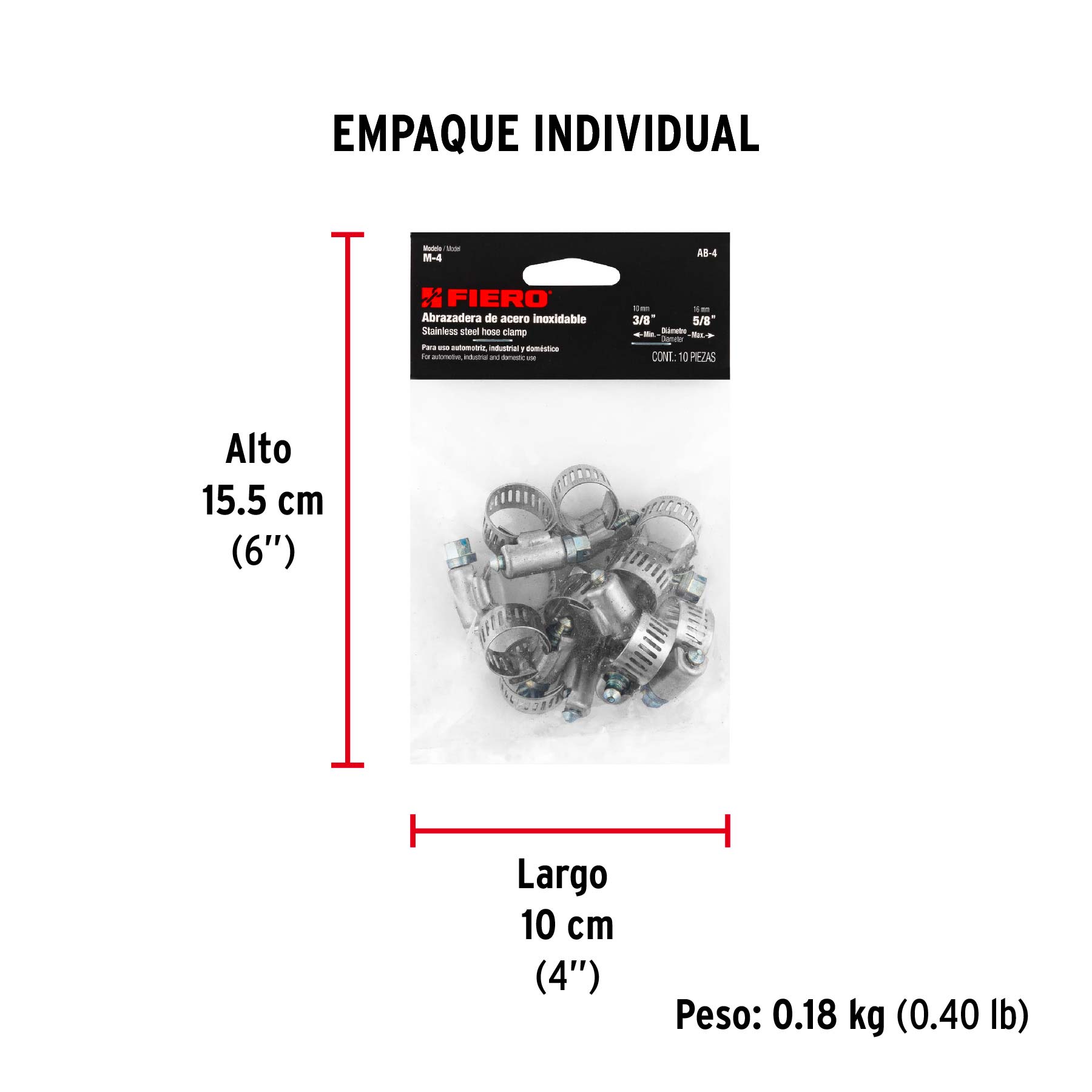 Bolsa con 10 abrazaderas sin fin # 4, 3/8 - 5/8", FIERO - Empaque