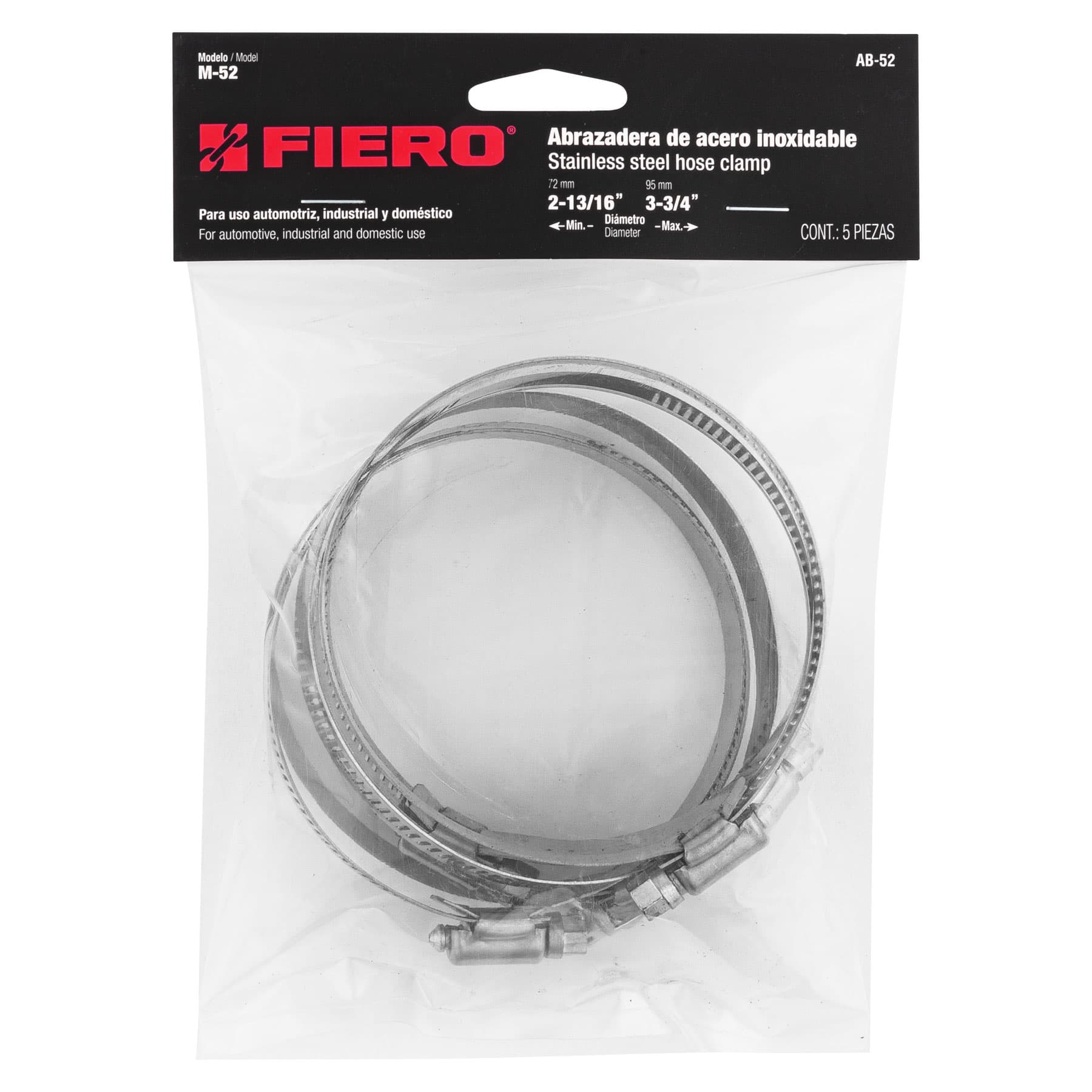 Bolsa con 5 abrazaderas sin fin #52, 2-13/16 - 3-3/4", FIERO