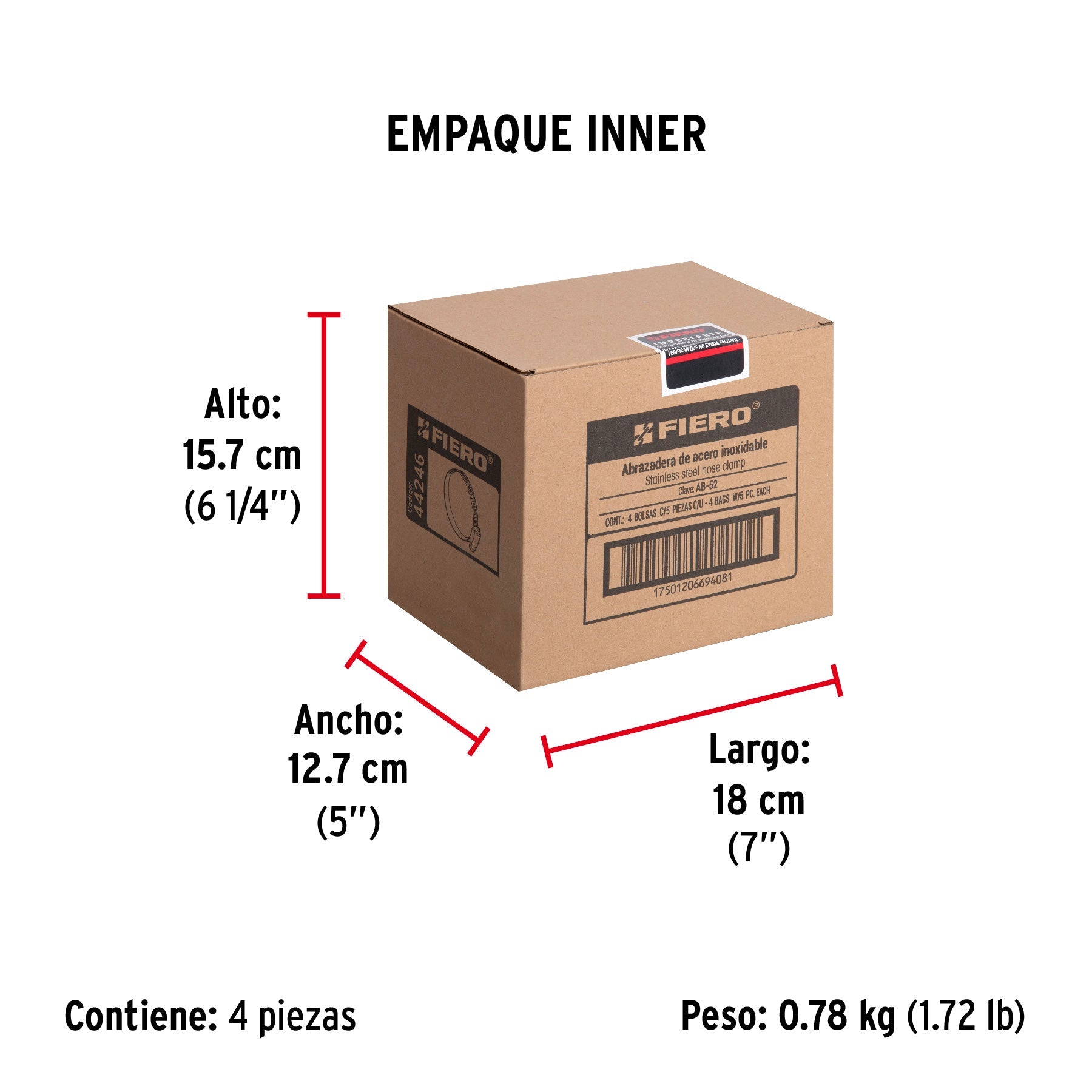 Bolsa con 5 abrazaderas sin fin #52, 2-13/16 - 3-3/4", FIERO - Empaque