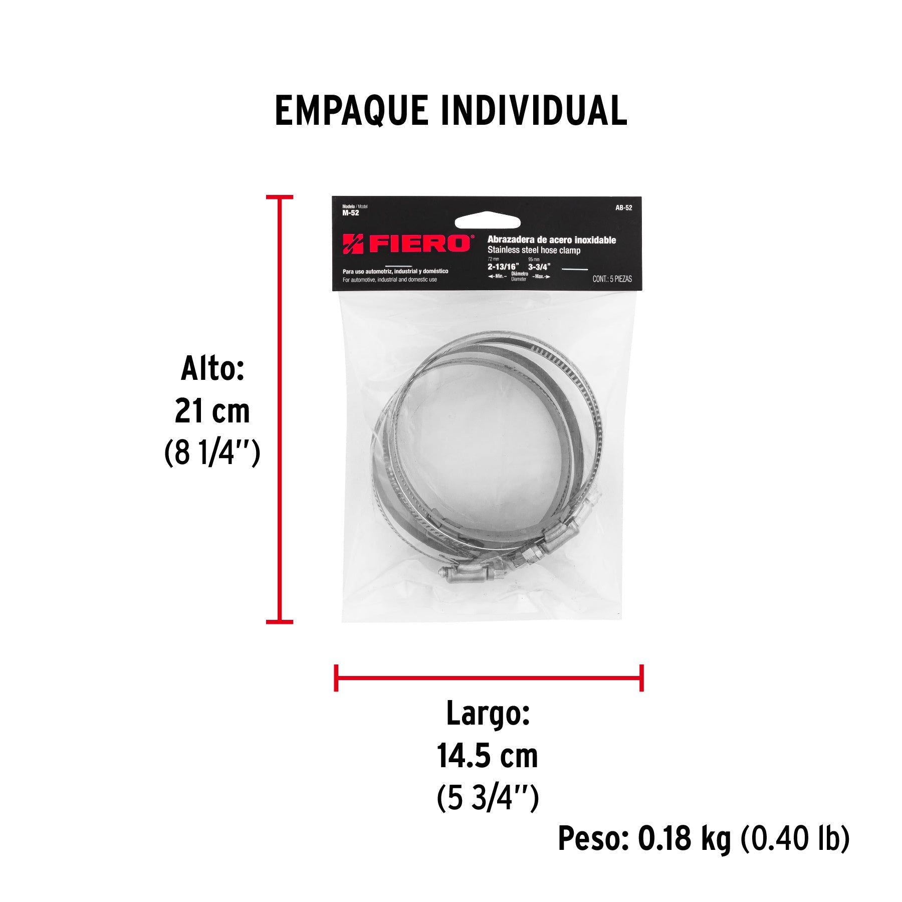 Bolsa con 5 abrazaderas sin fin #52, 2-13/16 - 3-3/4", FIERO - Empaque