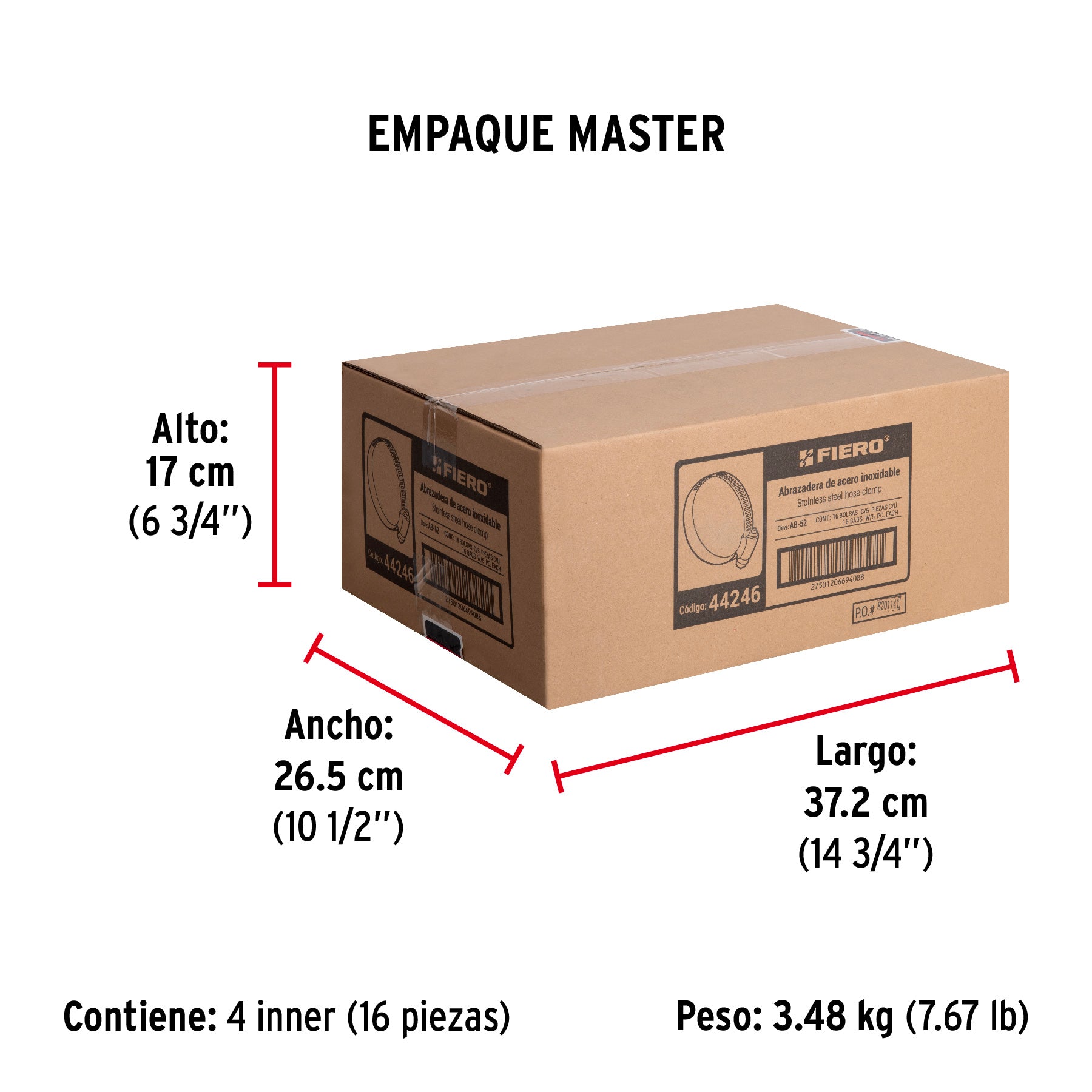 Bolsa con 5 abrazaderas sin fin #52, 2-13/16 - 3-3/4", FIERO - Empaque