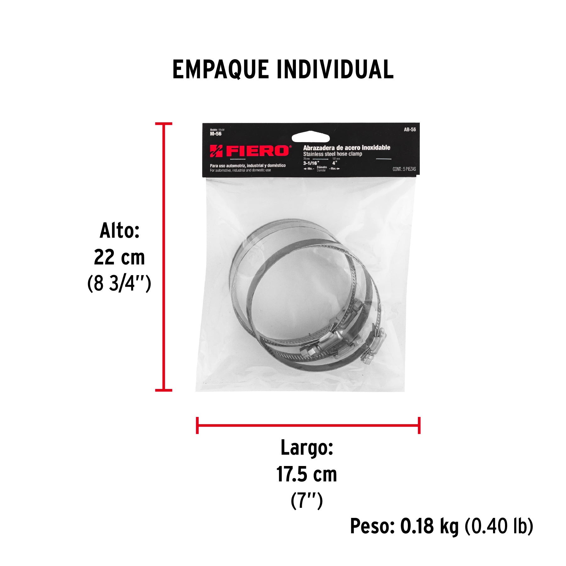 Bolsa con 5 abrazaderas sin fin #56, 3-1/16 - 4", FIERO - Empaque