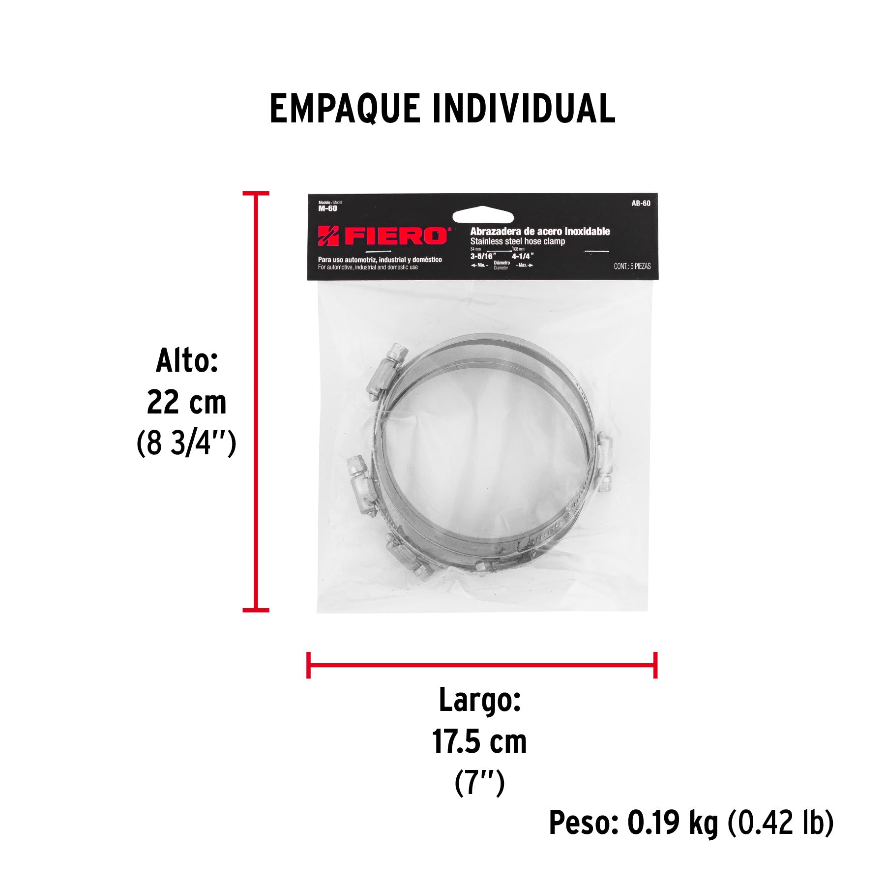 Bolsa con 5 abrazaderas sin fin #60, 3-5/16 - 4-1/4", FIERO - Empaque
