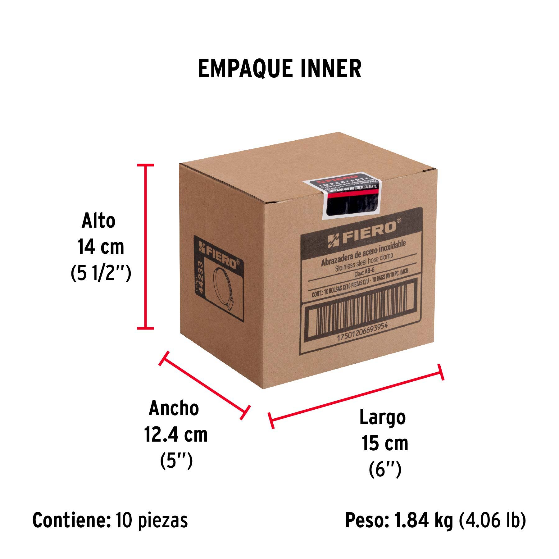 Bolsa con 10 abrazaderas sin fin # 6, 1/2 - 3/4", FIERO - Empaque