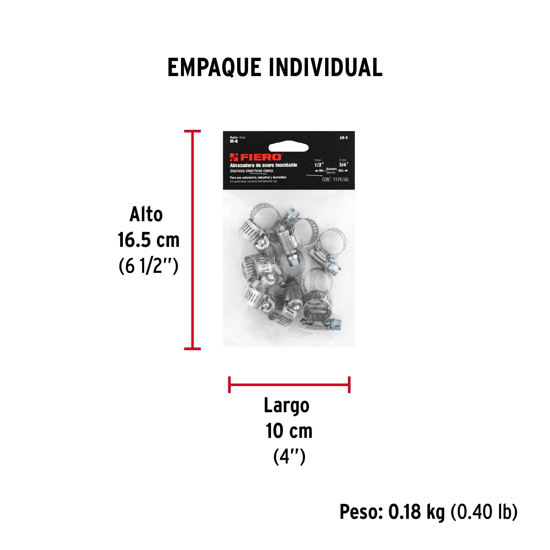 Bolsa con 10 abrazaderas sin fin # 6, 1/2 - 3/4", FIERO - Empaque