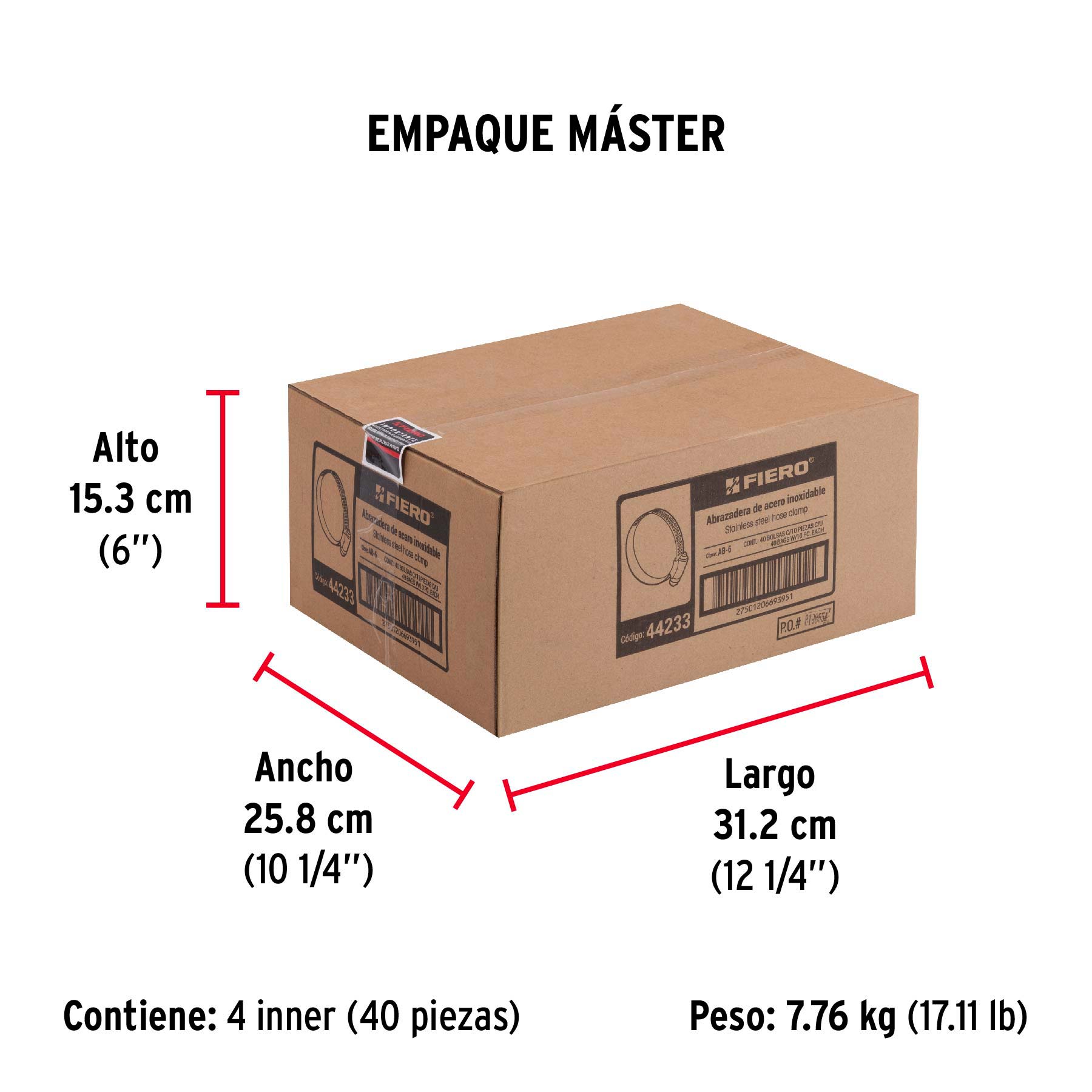 Bolsa con 10 abrazaderas sin fin # 6, 1/2 - 3/4", FIERO - Empaque