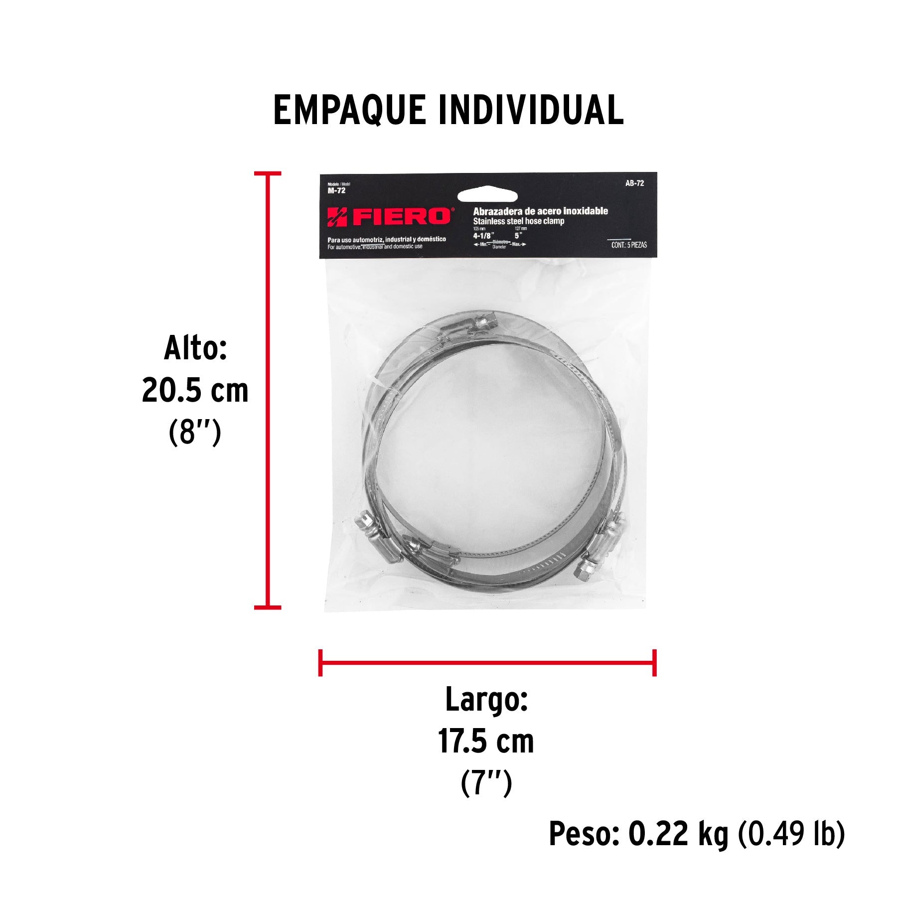 Bolsa con 5 abrazaderas sin fin #72, 4-1/8 - 5", FIERO - Empaque