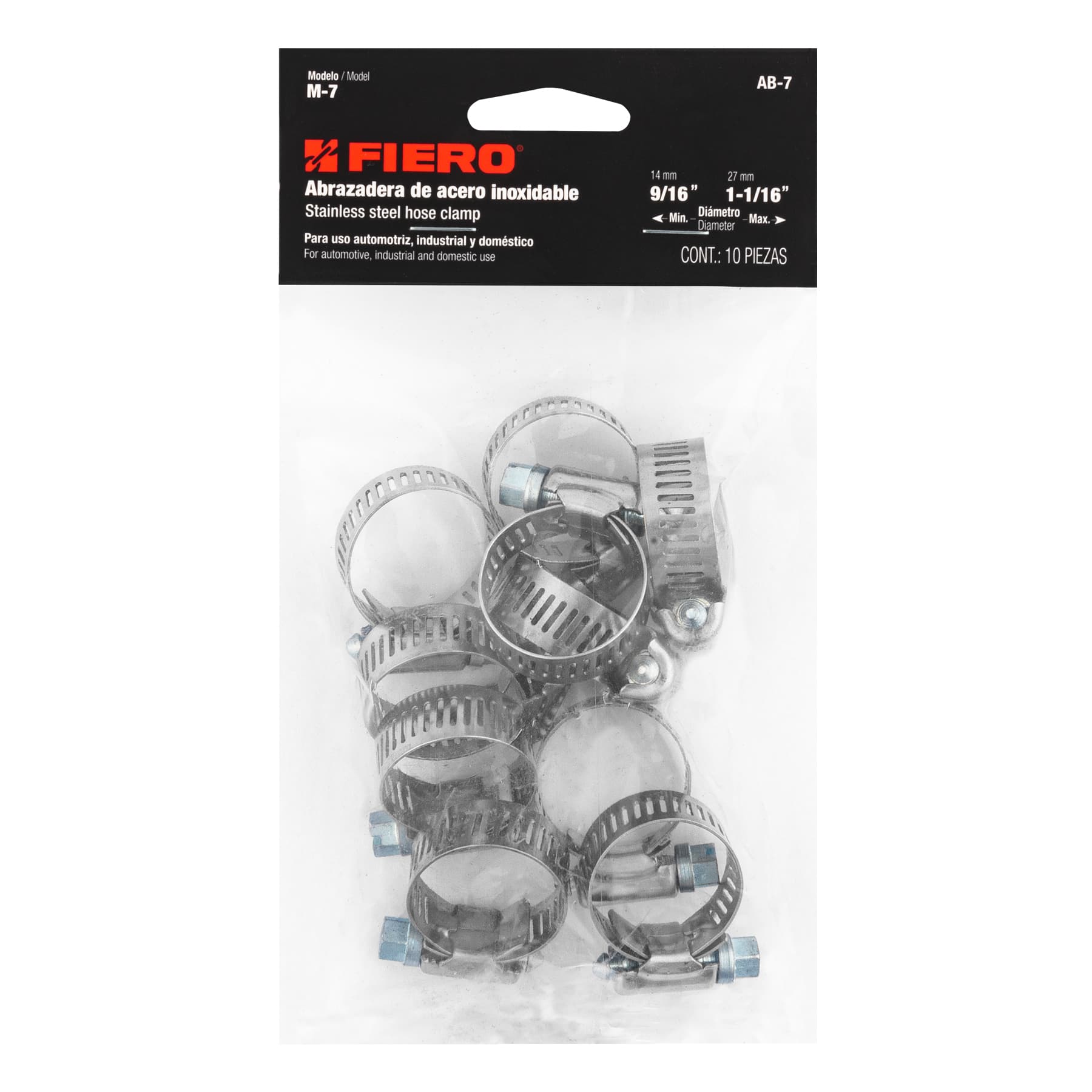 Bolsa con 10 abrazaderas sin fin #7, 9/16 - 1-1/16", FIERO