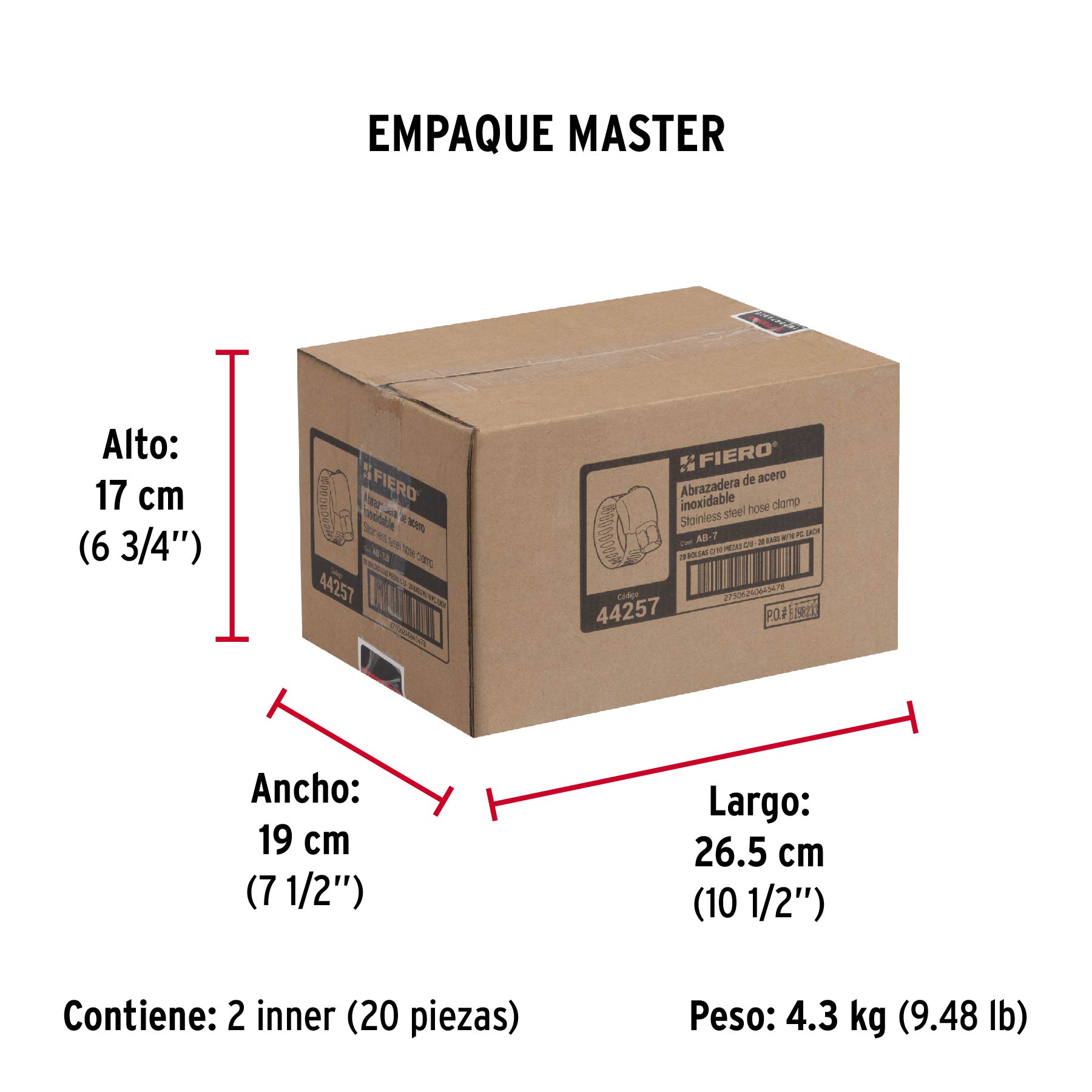 Bolsa con 10 abrazaderas sin fin #7, 9/16 - 1-1/16", FIERO - Empaque