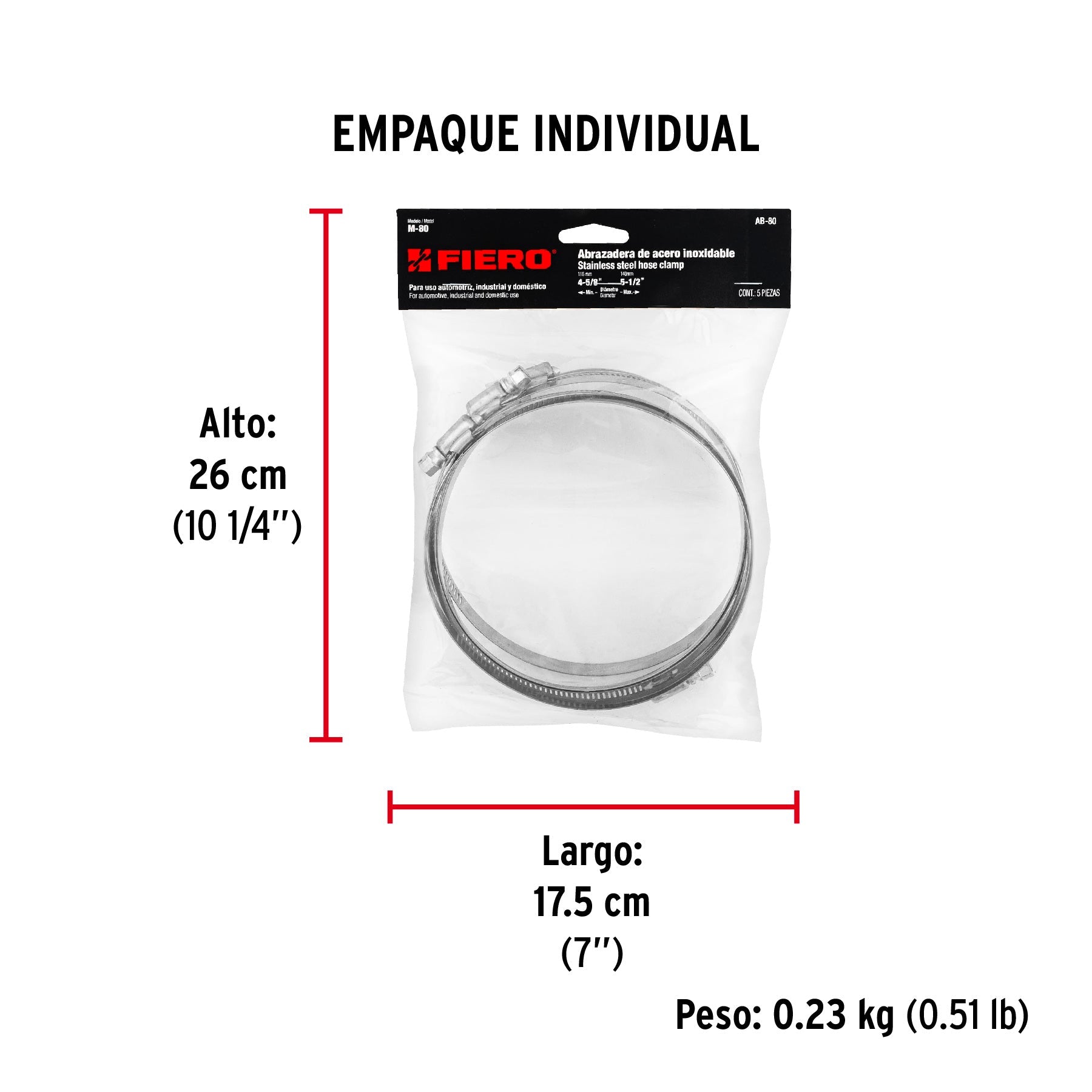Bolsa con 5 abrazaderas sin fin #80, 4-5/8 - 5-1/2", FIERO - Empaque