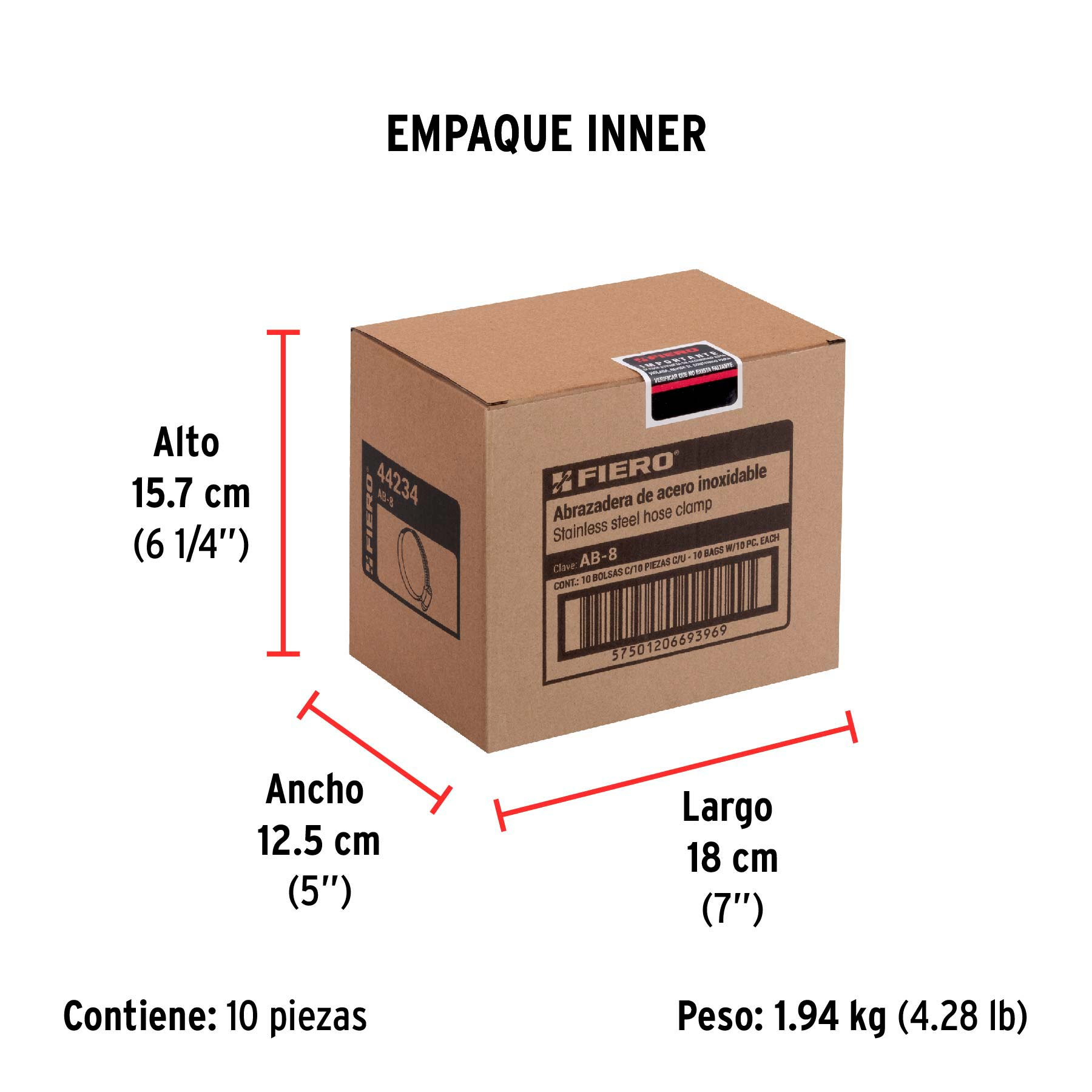Bolsa con 10 abrazaderas sin fin # 8, 5/8 - 7/8", FIERO - Empaque
