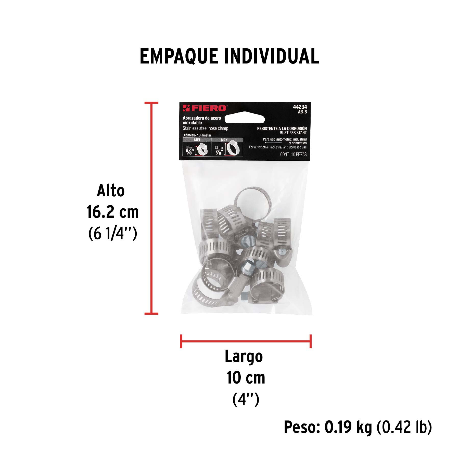 Bolsa con 10 abrazaderas sin fin # 8, 5/8 - 7/8", FIERO - Empaque