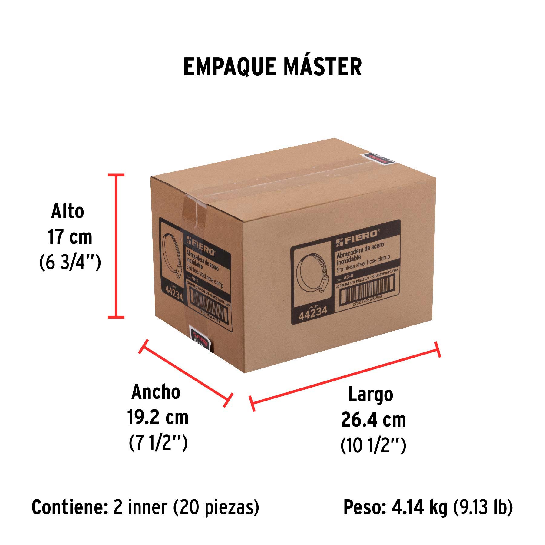 Bolsa con 10 abrazaderas sin fin # 8, 5/8 - 7/8", FIERO - Empaque