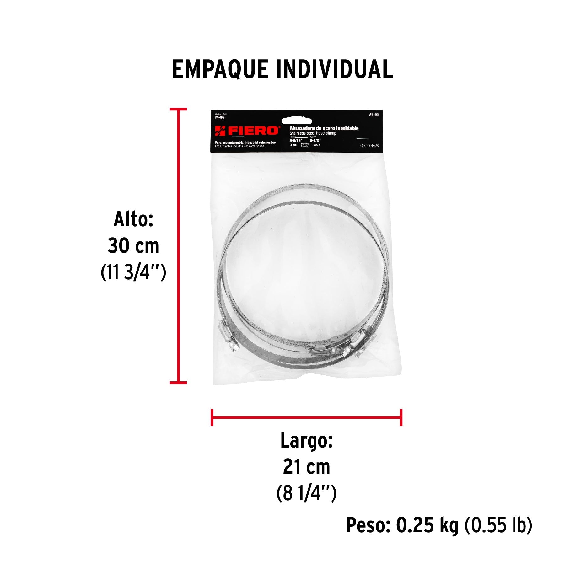 Bolsa con 5 abrazaderas sin fin #96, 5-9/16 - 6-1/2", FIERO - Empaque