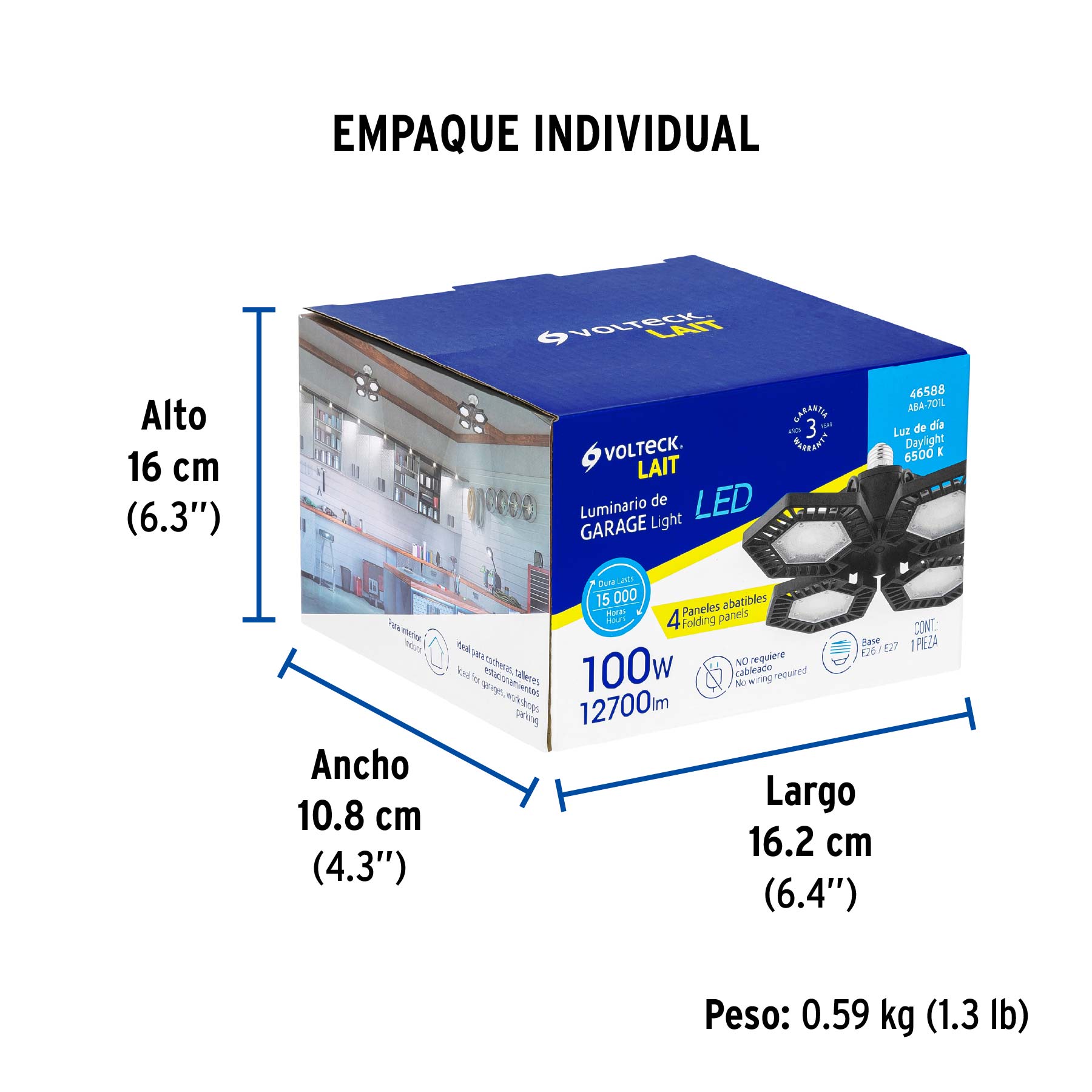 Luminario LED 100W 6500K con 4 paneles abatibles, VOLTECK - Empaque