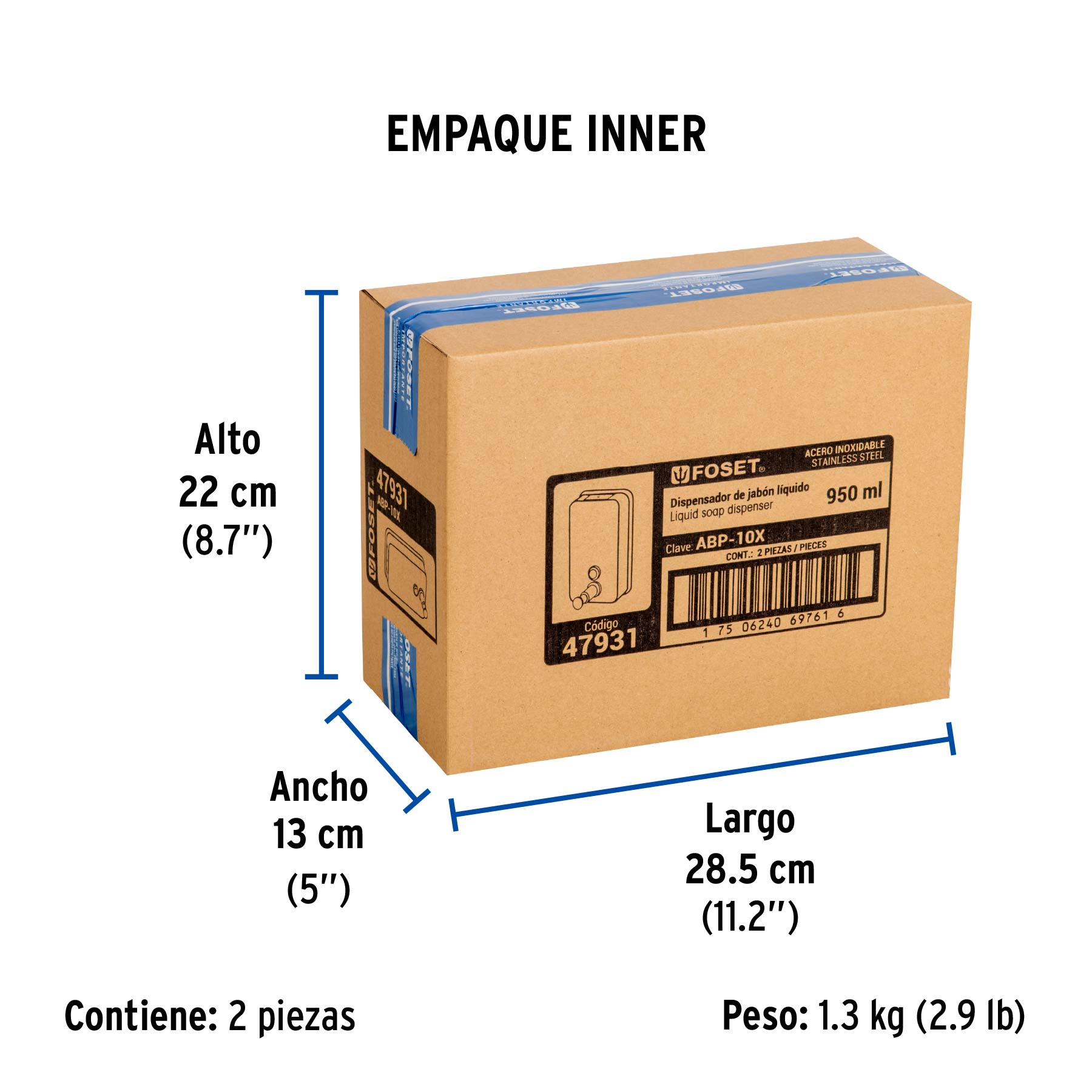 Dosificador de acero inox. para jabón líquido, FOSET - Empaque