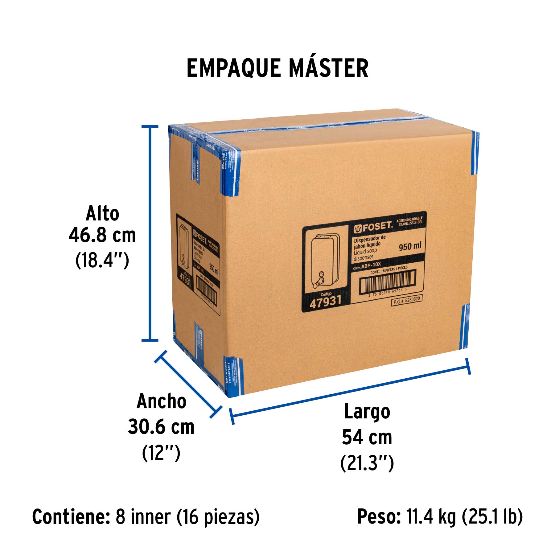 Dosificador de acero inox. para jabón líquido, FOSET - Empaque