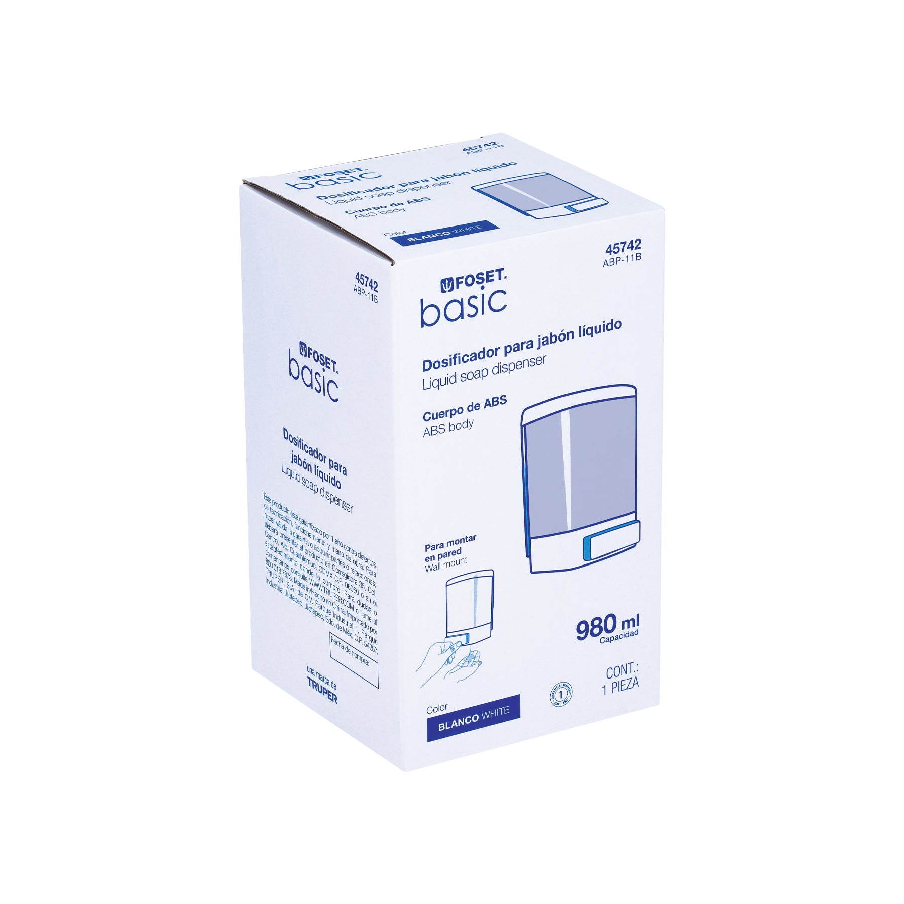 Dosificador para jabón líquido, blanco, FOSET BASIC