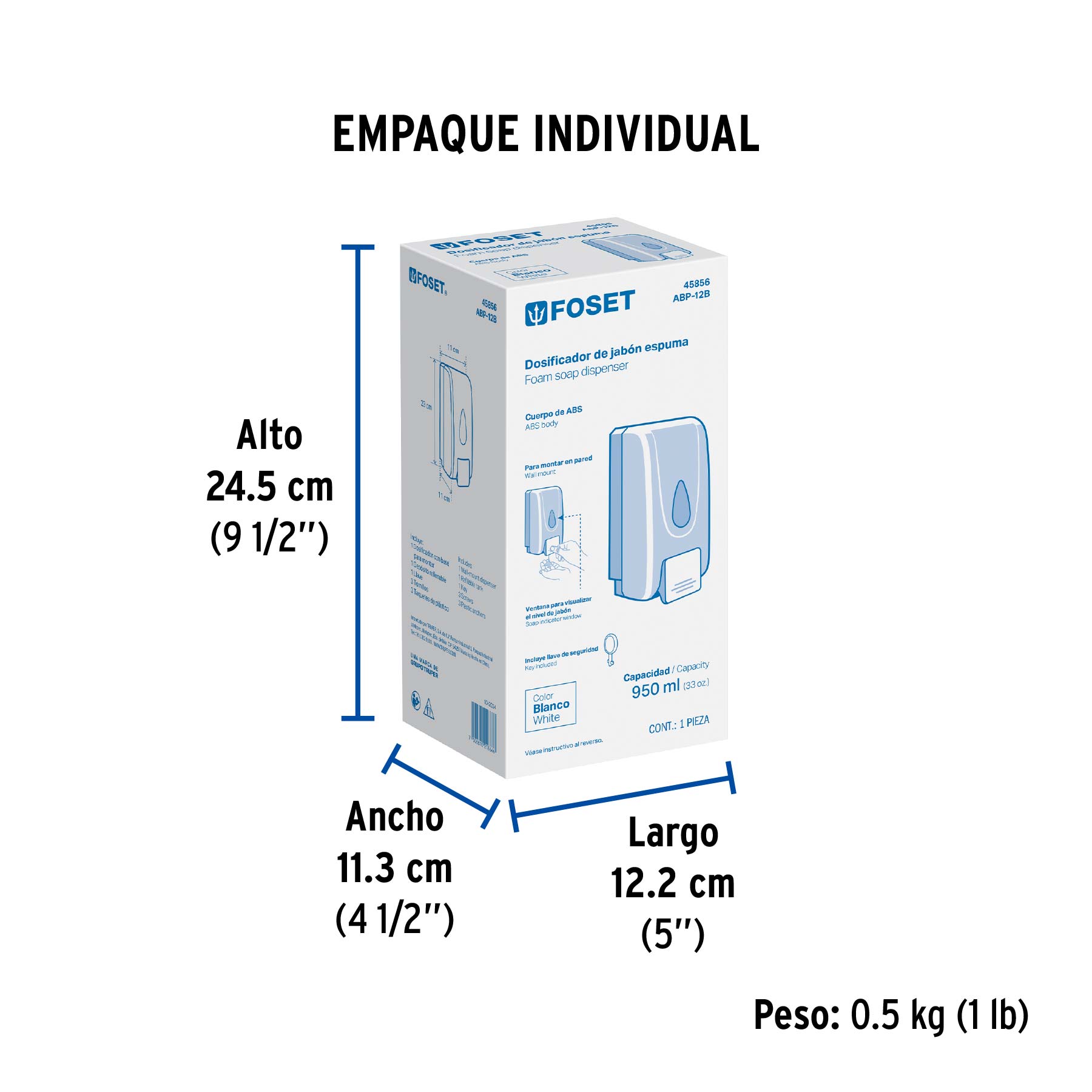Dosificador de ABS para jabón espuma, blanco, FOSET - Empaque