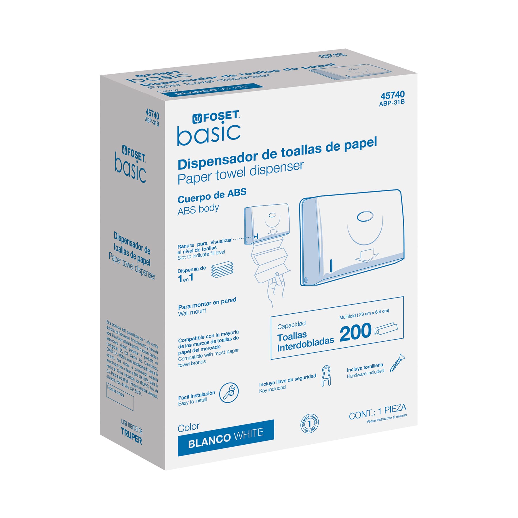 Dispensador chico para toallas de papel, blanco, FOSET BASIC
