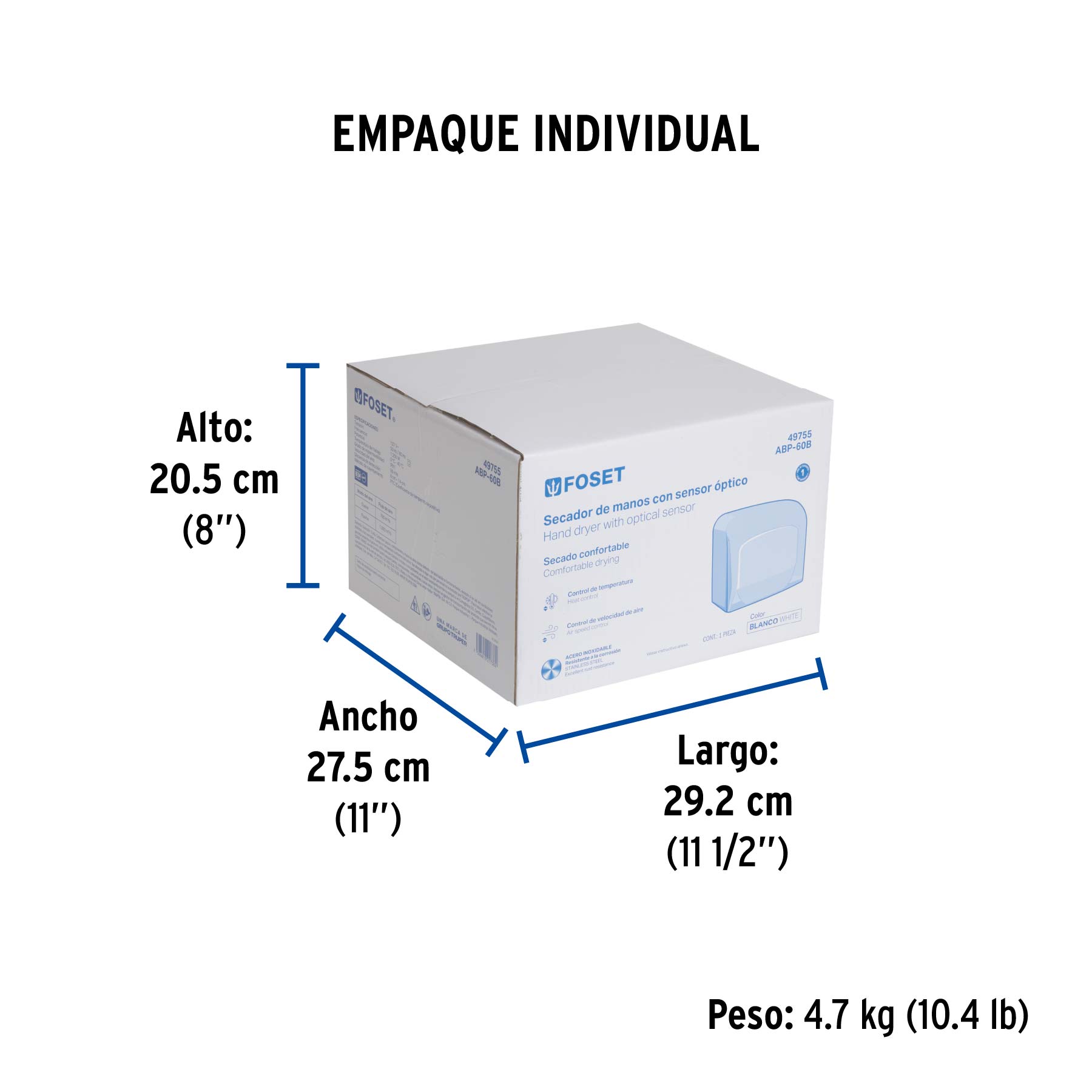 Secador de manos con sensor óptico, acero, blanco, FOSET - Empaque