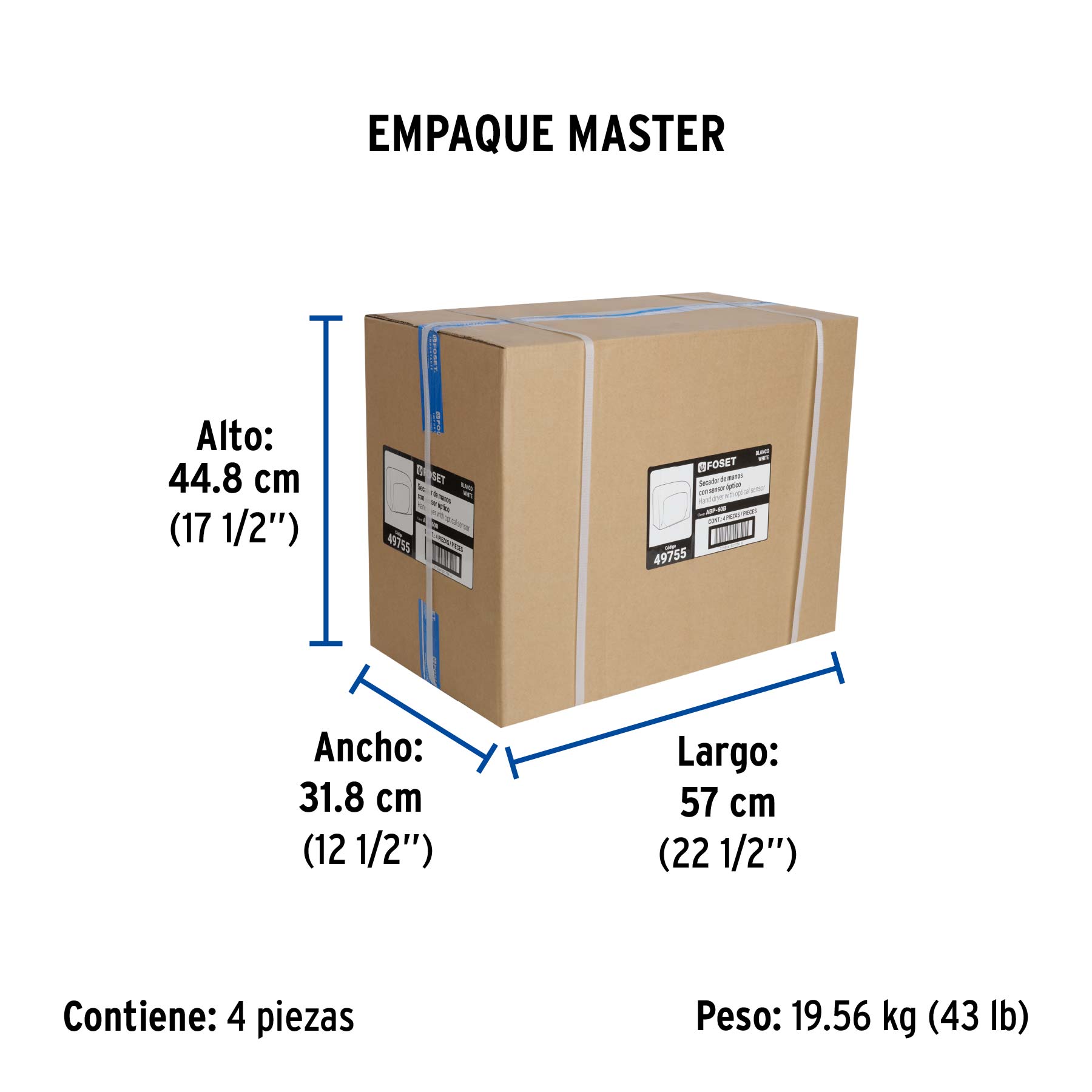 Secador de manos con sensor óptico, acero, blanco, FOSET - Empaque