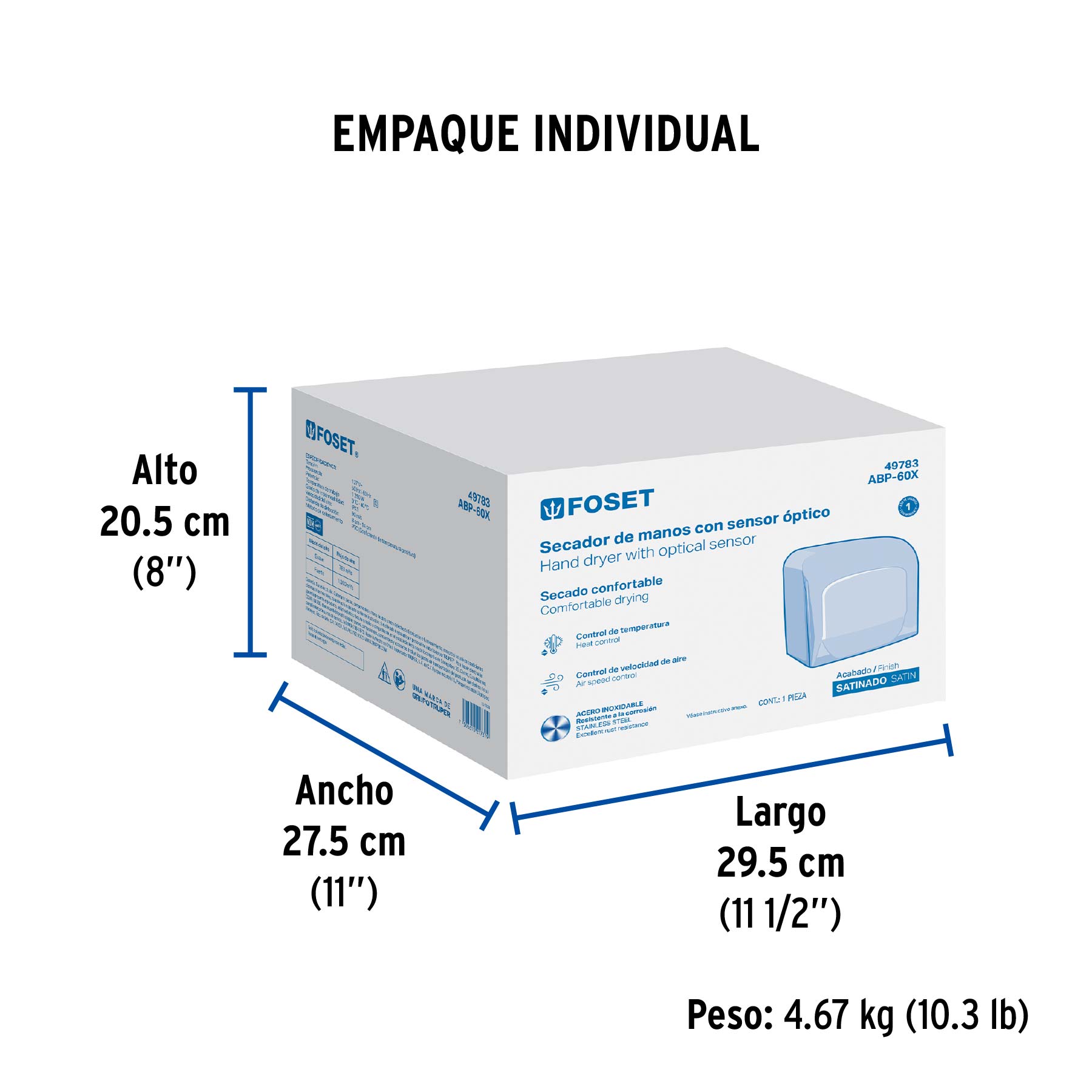 Secador de manos con sensor óptico, acero inoxidable, FOSET - Empaque