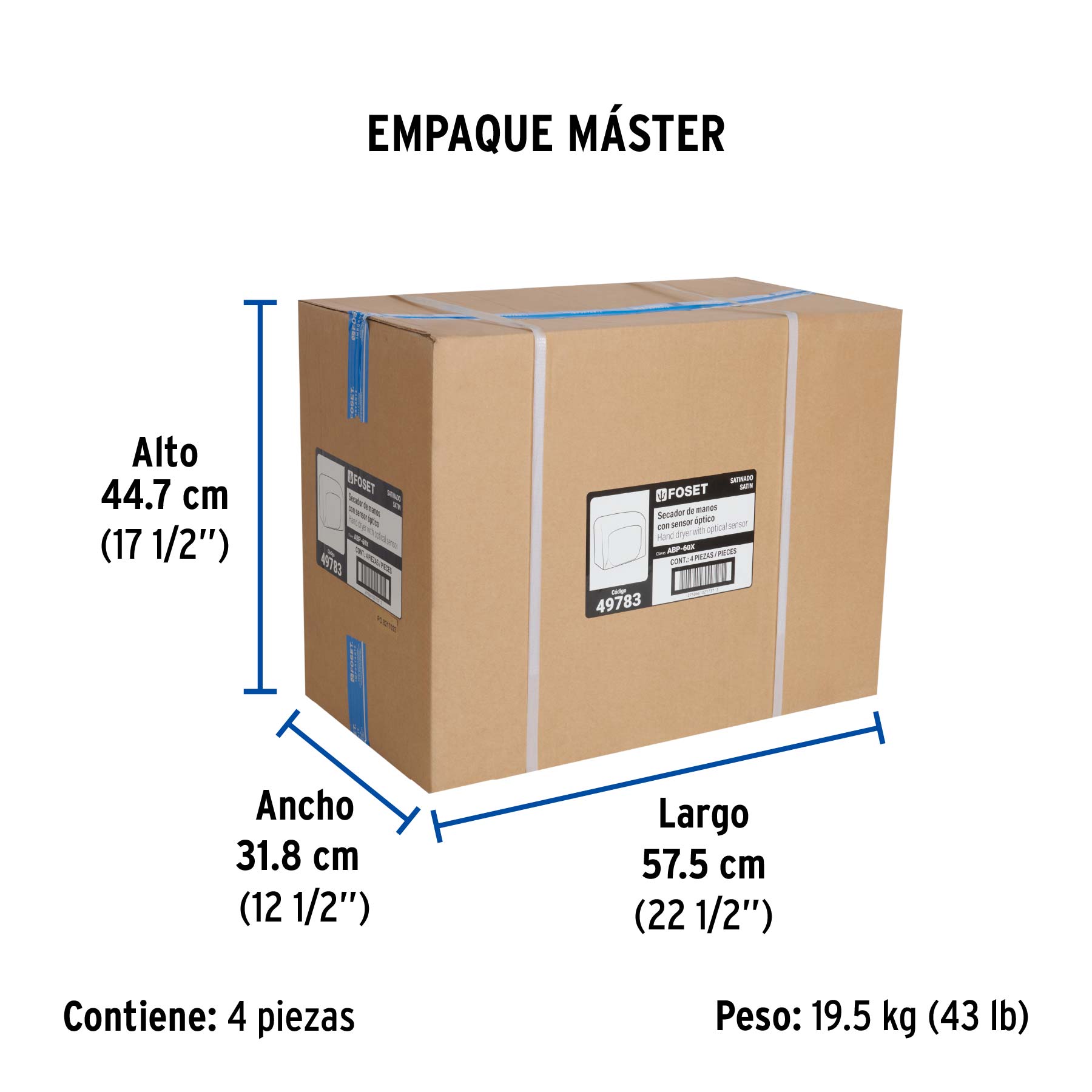 Secador de manos con sensor óptico, acero inoxidable, FOSET - Empaque