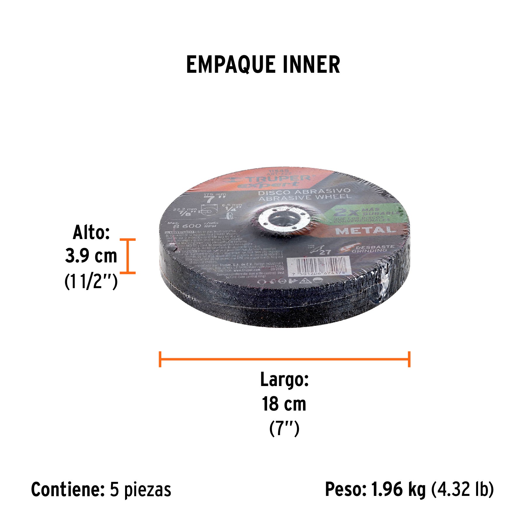 Disco Tipo 27 de 7" x 6.4 mm desbaste de metal, EXPERT - Empaque