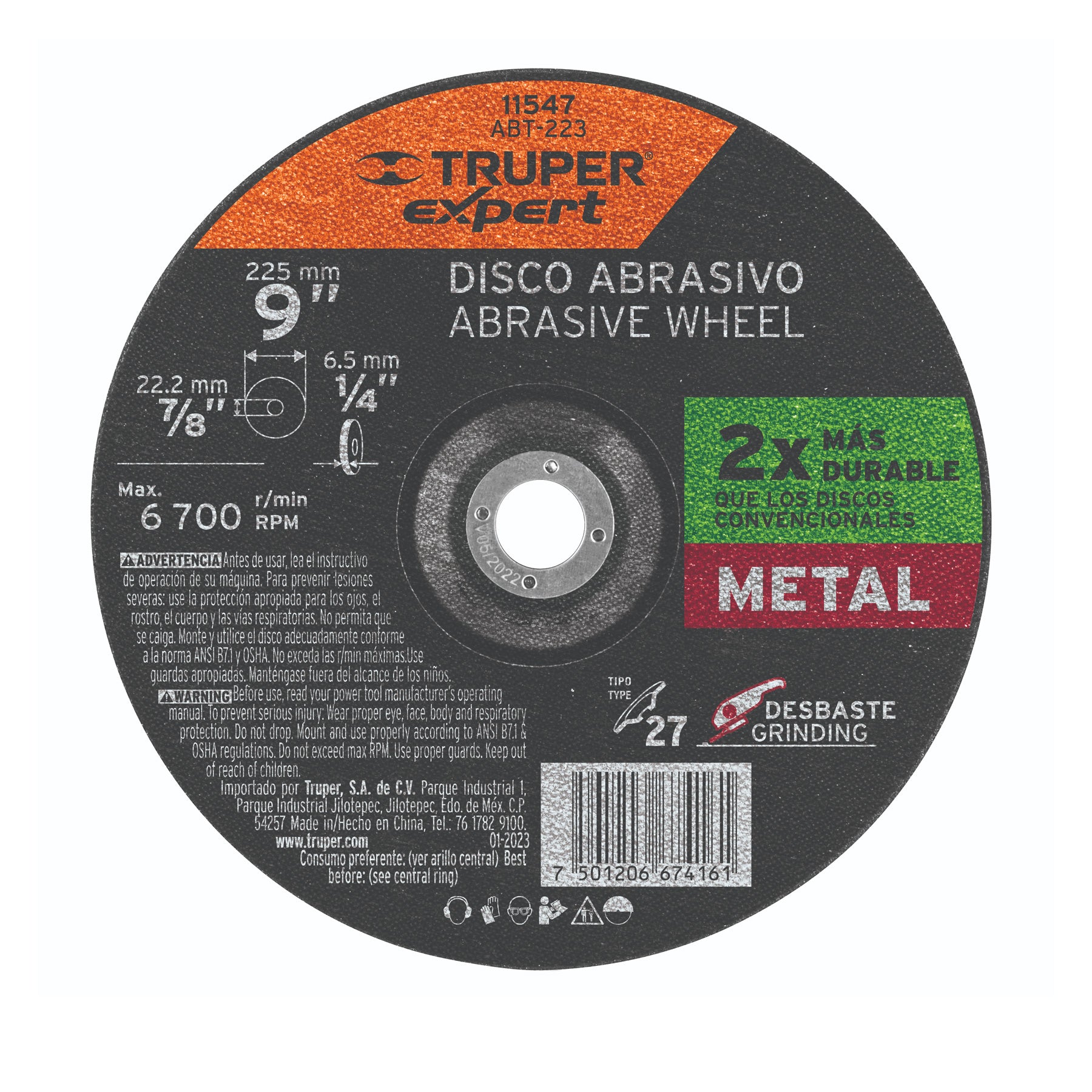 Disco Tipo 27 de 9" x 6.4 mm desbaste de metal, EXPERT