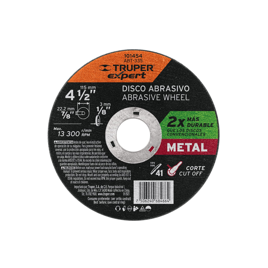 Disco para corte de metal 4-1/2" tipo 41, TRUPER EXPERT