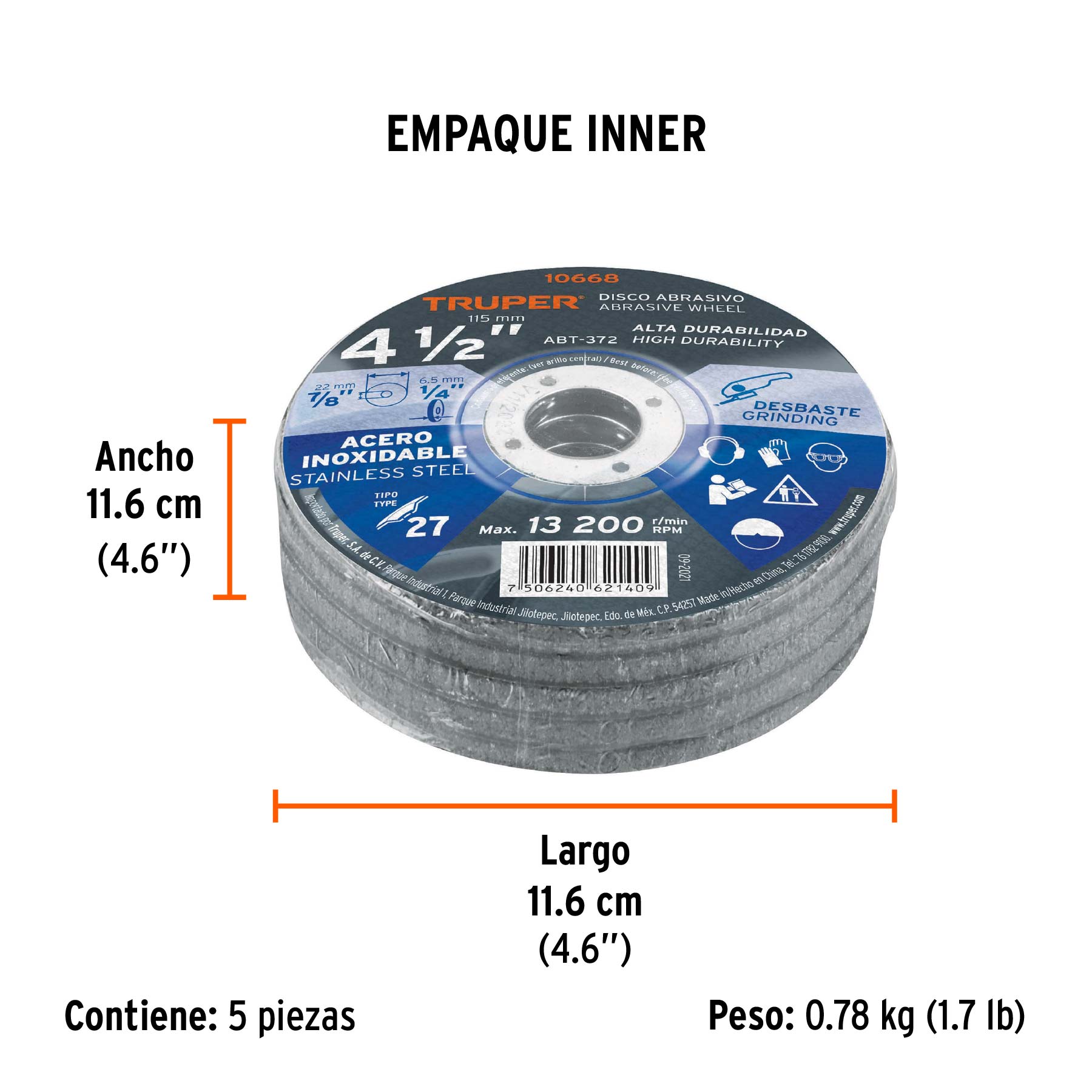 Disco Tipo 27 de 4-1/2" x 6.5 mm desbaste acero inoxidable - Empaque