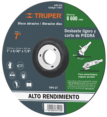 Disco para desbaste ligero y corte de piedra, 7", tipo 27