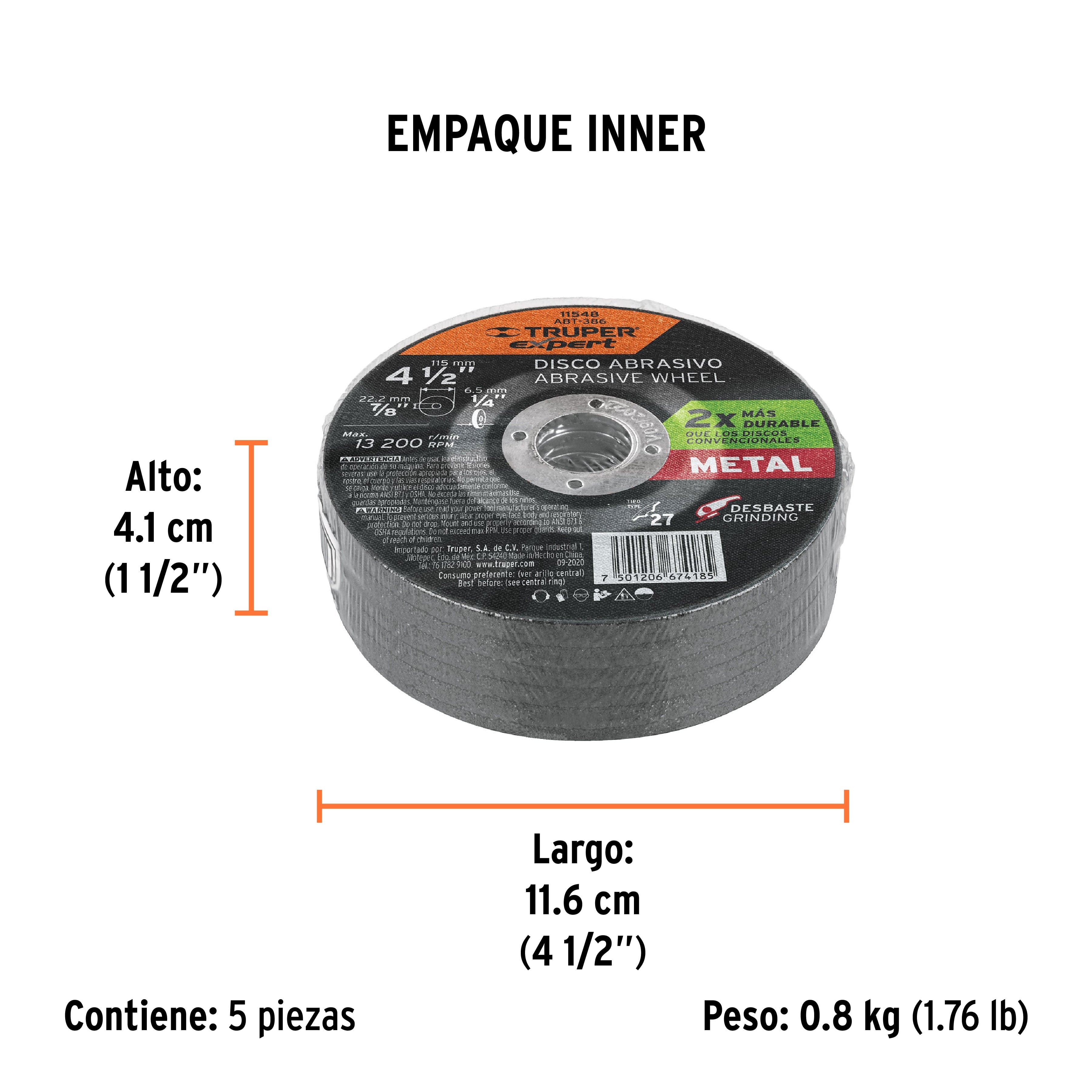 Disco Tipo 27 de 4-1/2" x 6.4 mm desbaste de metal, EXPERT - Empaque