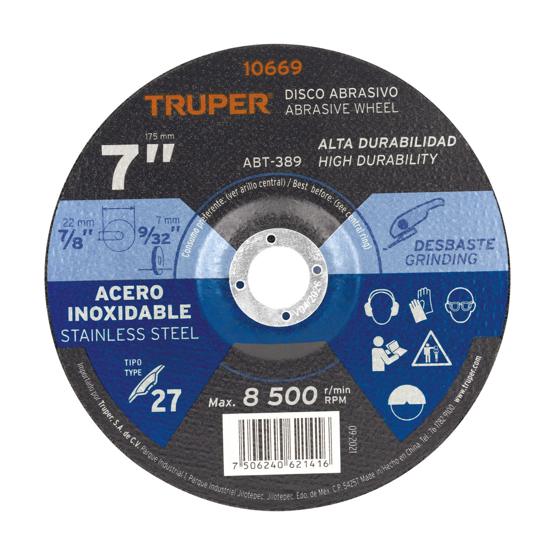 Disco Tipo 27 de 7" x 7.2 mm desbaste de acero inoxidable