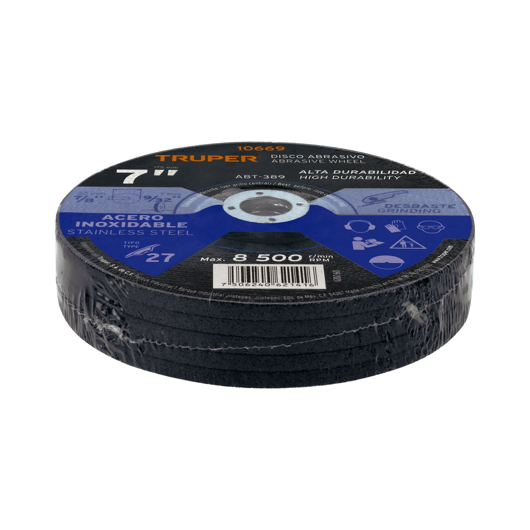 Disco Tipo 27 de 7" x 7.2 mm desbaste de acero inoxidable