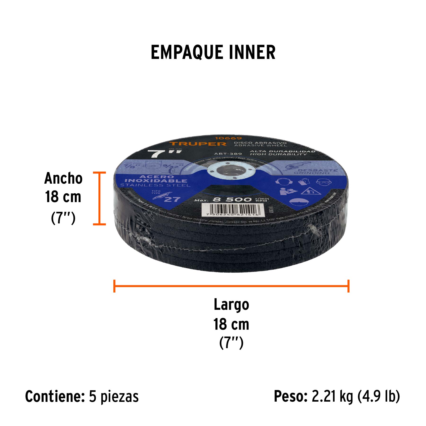 Disco Tipo 27 de 7" x 7.2 mm desbaste de acero inoxidable - Empaque