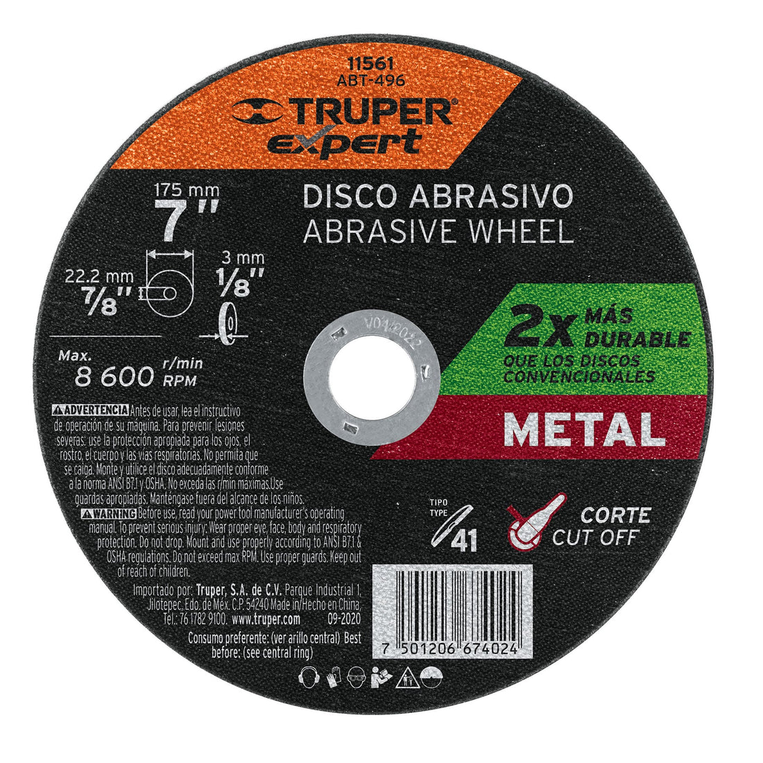Disco para corte de metal, tipo 41, diámetro 7" EXPERT