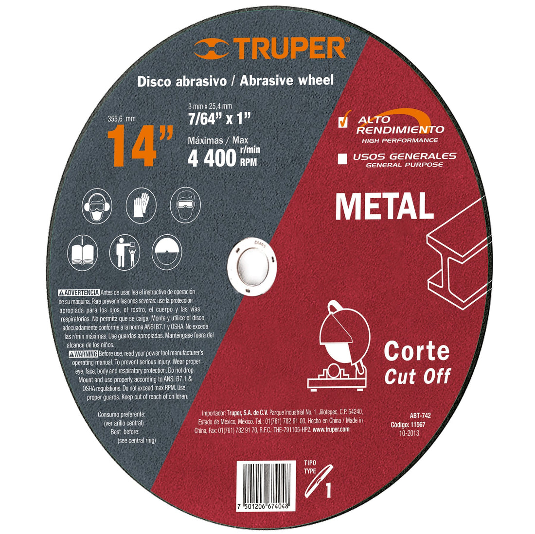Disco para corte de metal, tipo 41, diámetro 14"