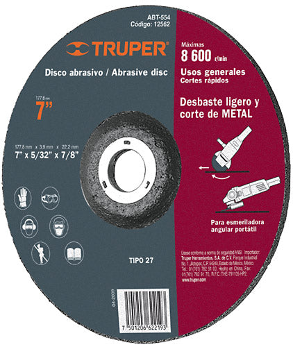 Disco p/desbaste ligero y corte metal, tipo 27, diámetro 7"