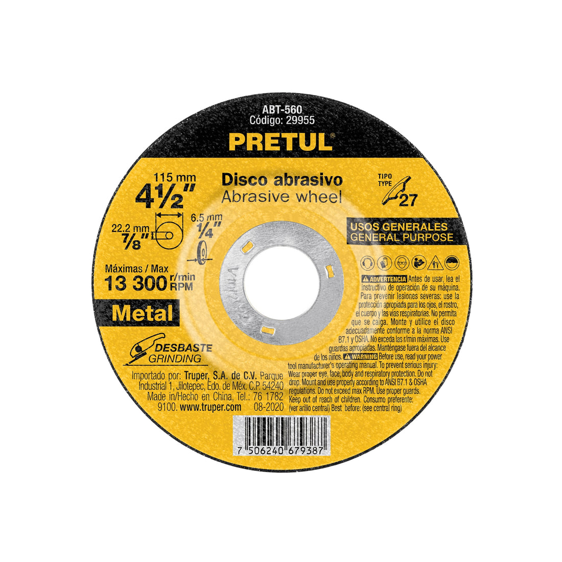 Disco Tipo 27 de 4-1/2" x 6.2 mm desbaste de metal, PRETUL