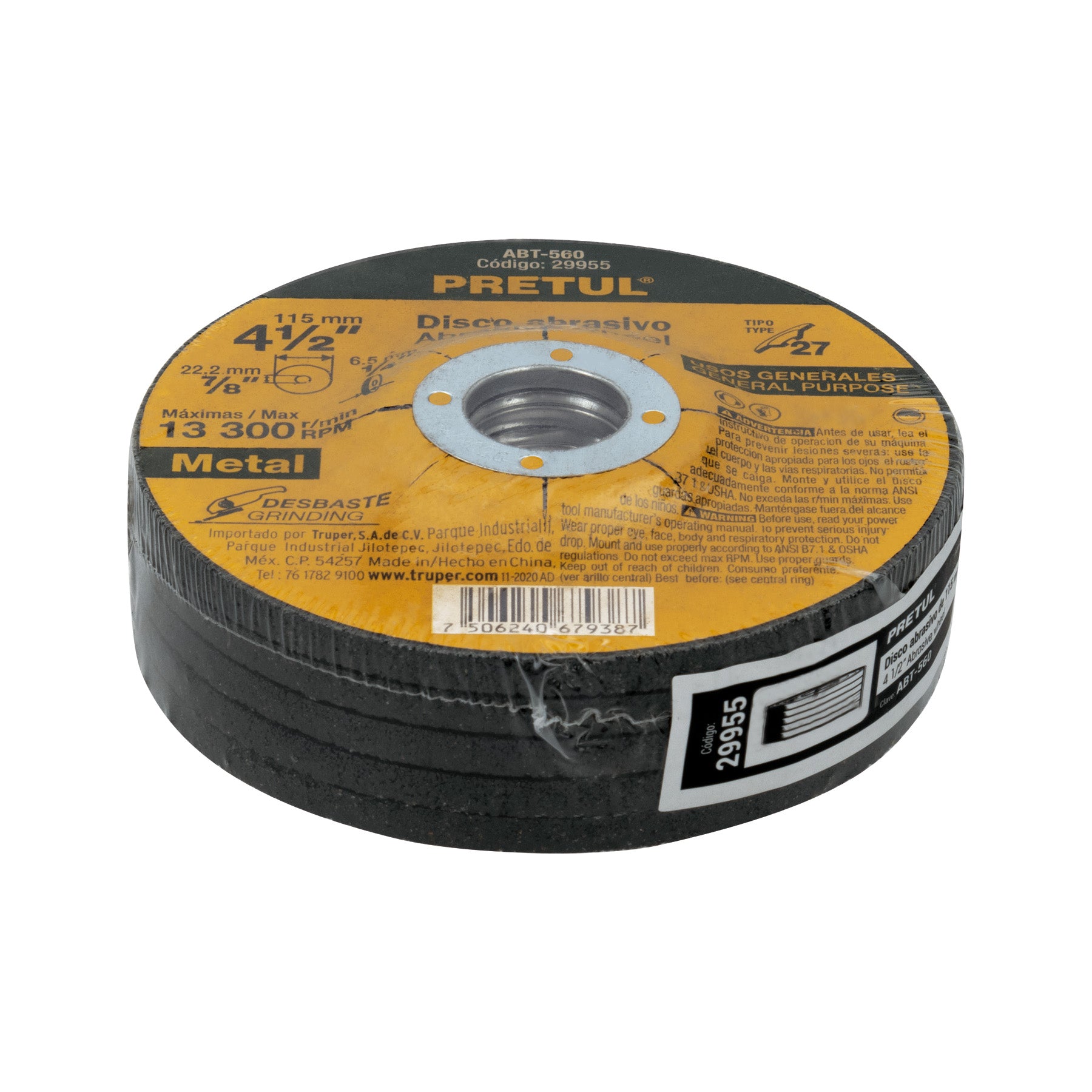 Disco Tipo 27 de 4-1/2" x 6.2 mm desbaste de metal, PRETUL
