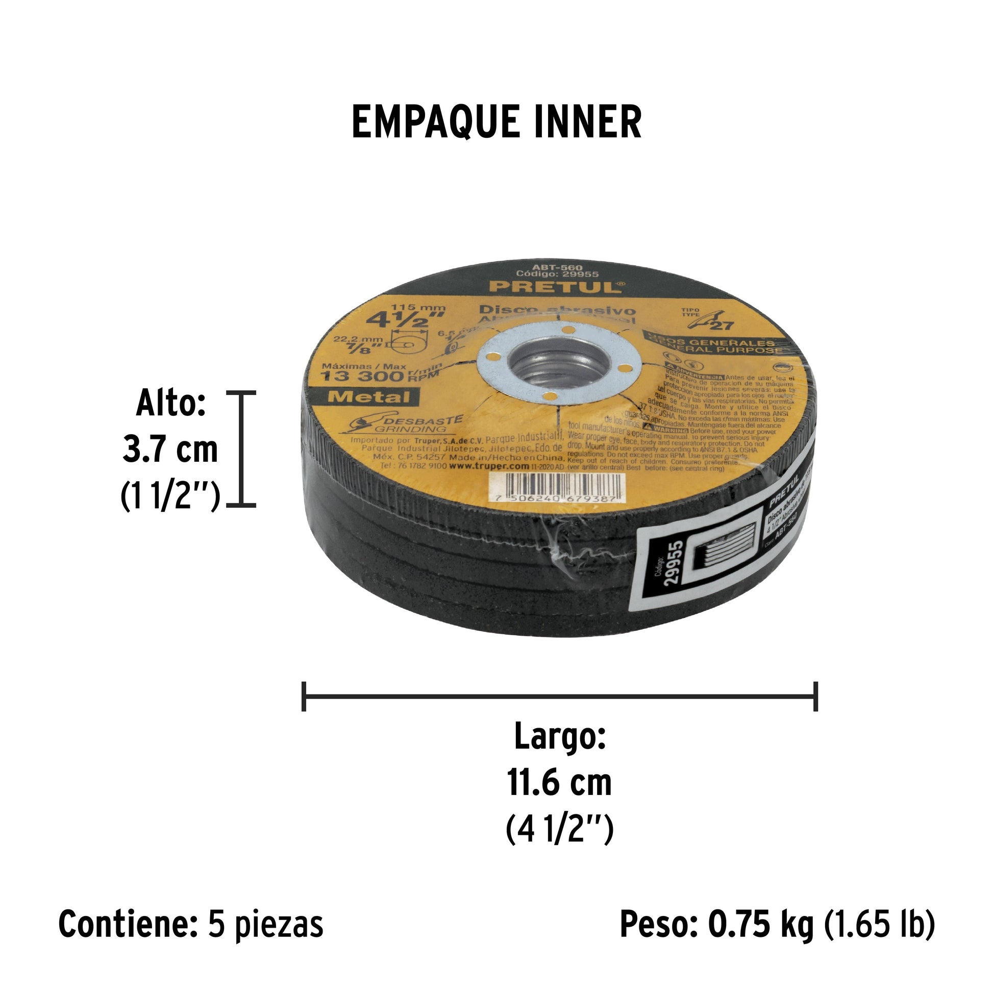 Disco Tipo 27 de 4-1/2" x 6.2 mm desbaste de metal, PRETUL - Empaque