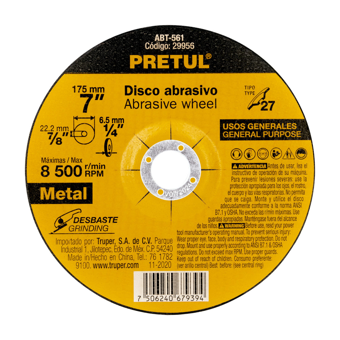 Disco Tipo 27 de 7" x 6.2 mm desbaste de metal, PRETUL