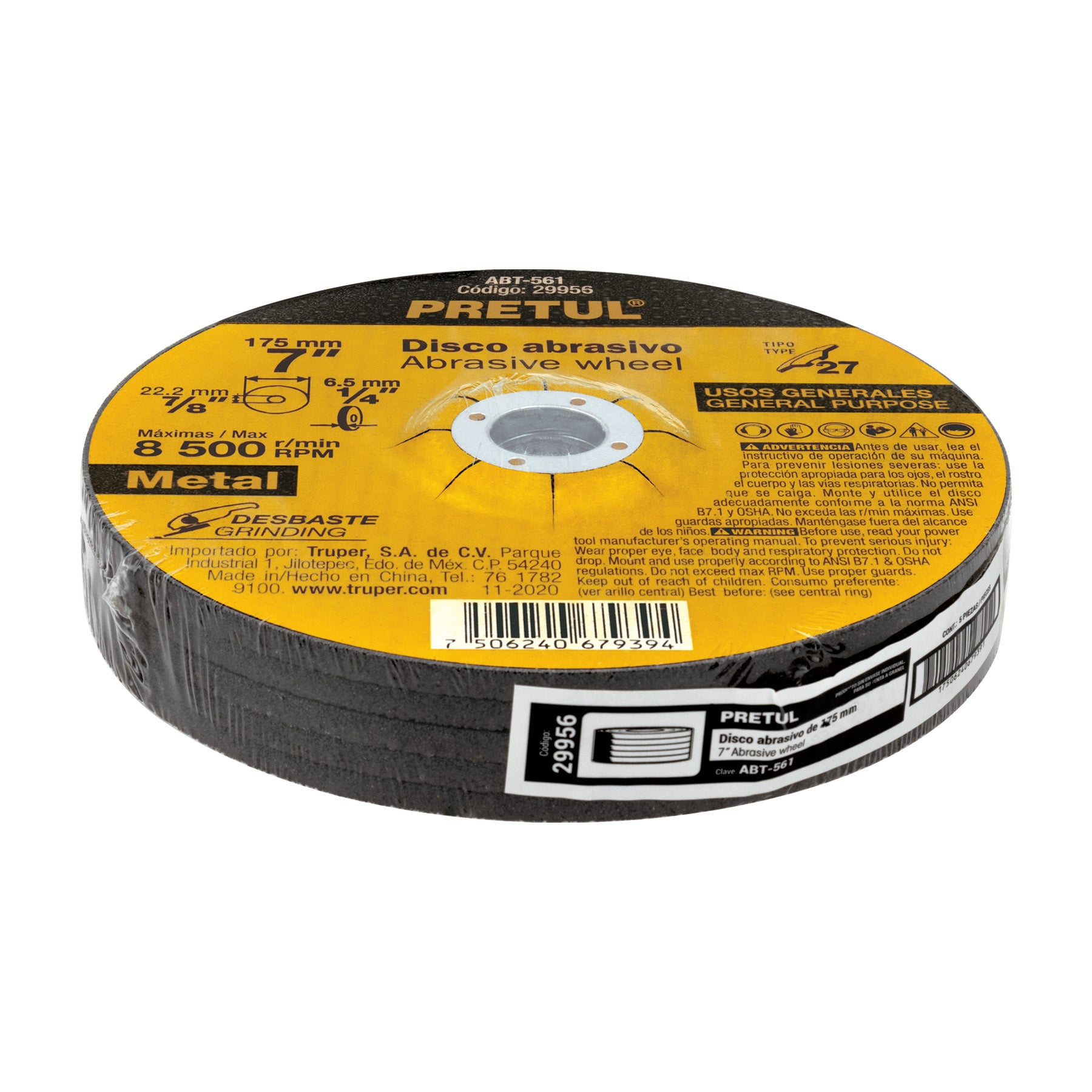 Disco Tipo 27 de 7" x 6.2 mm desbaste de metal, PRETUL